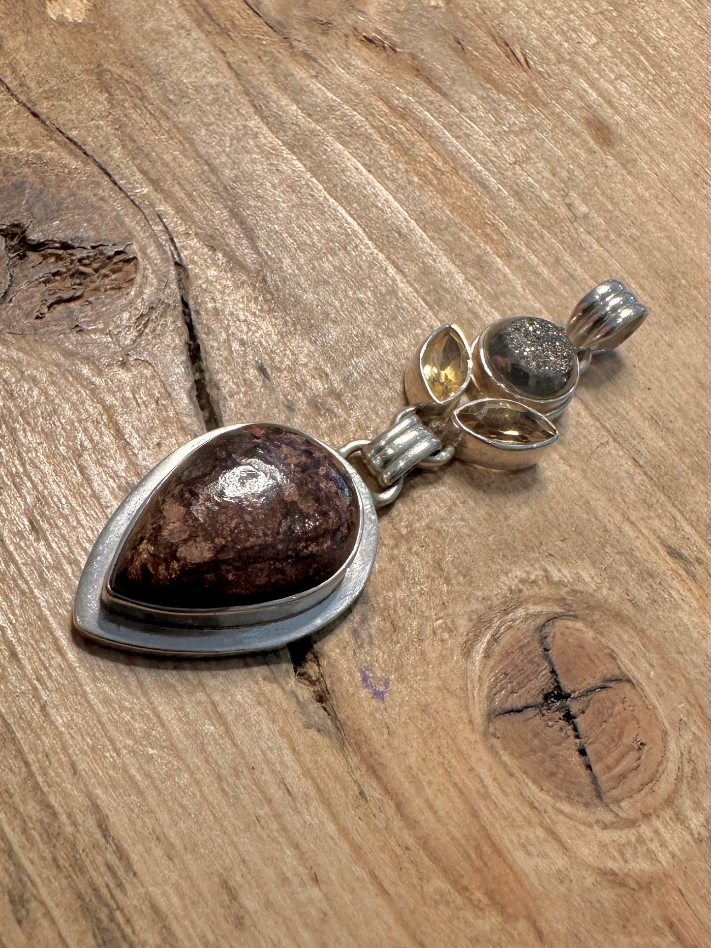 Vintage Brown Agate Druzy Citrine 925 Silver Pendant