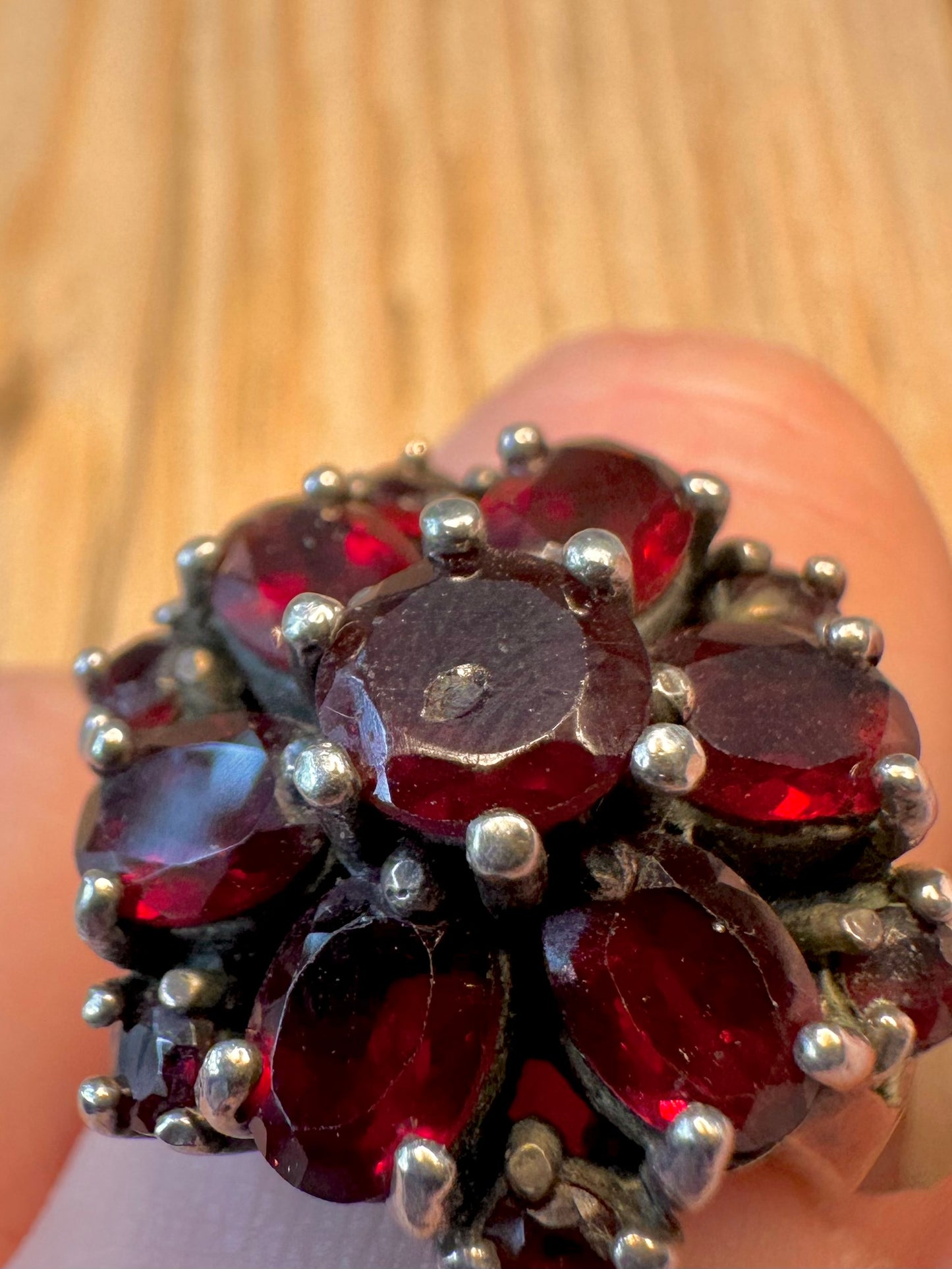 Vintage Red Stone Large Cluster 935 Sterling Silver Size O Ring