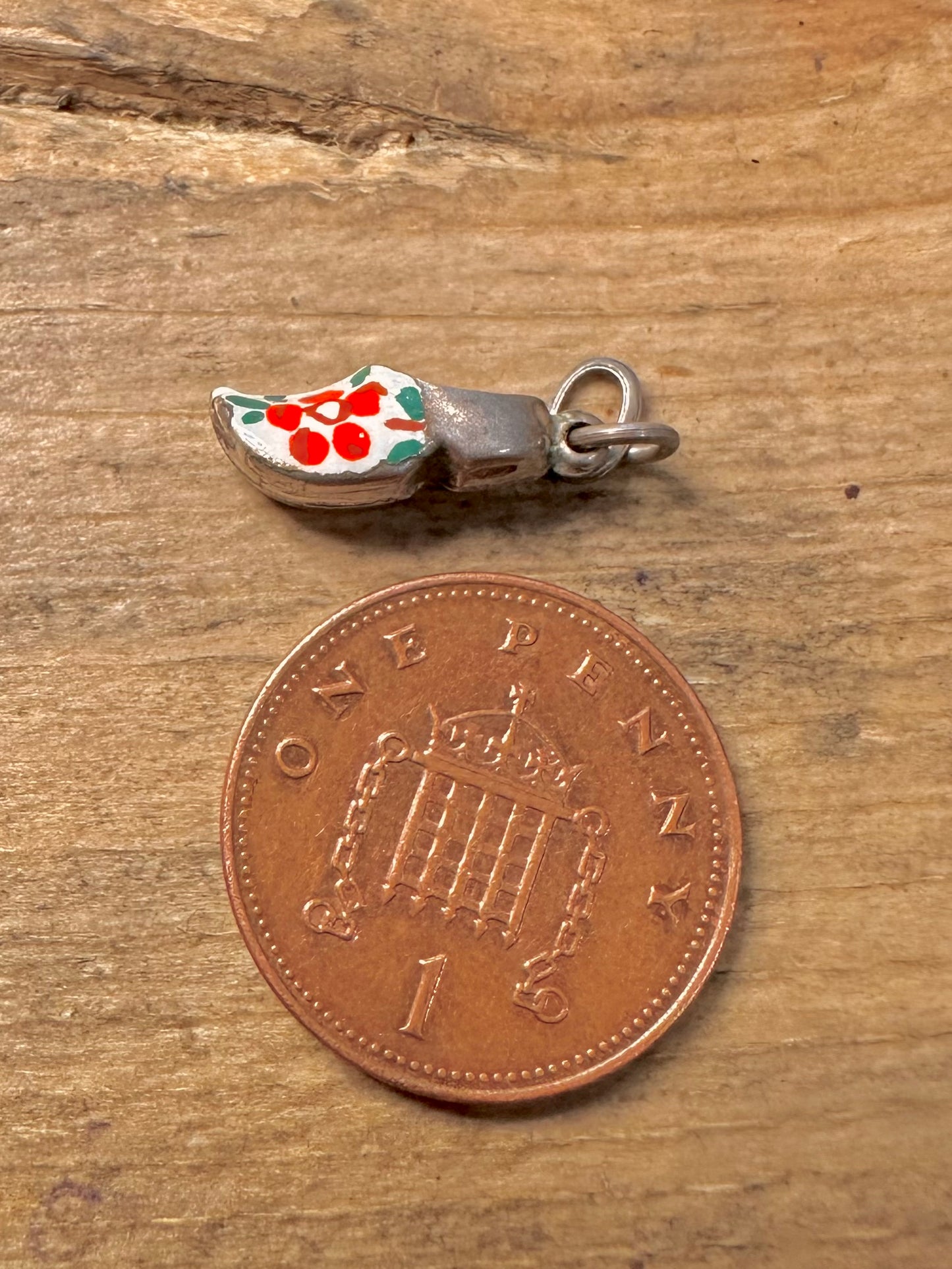 Vintage Enamel Painted Clog 925 Silver Charm Pendant