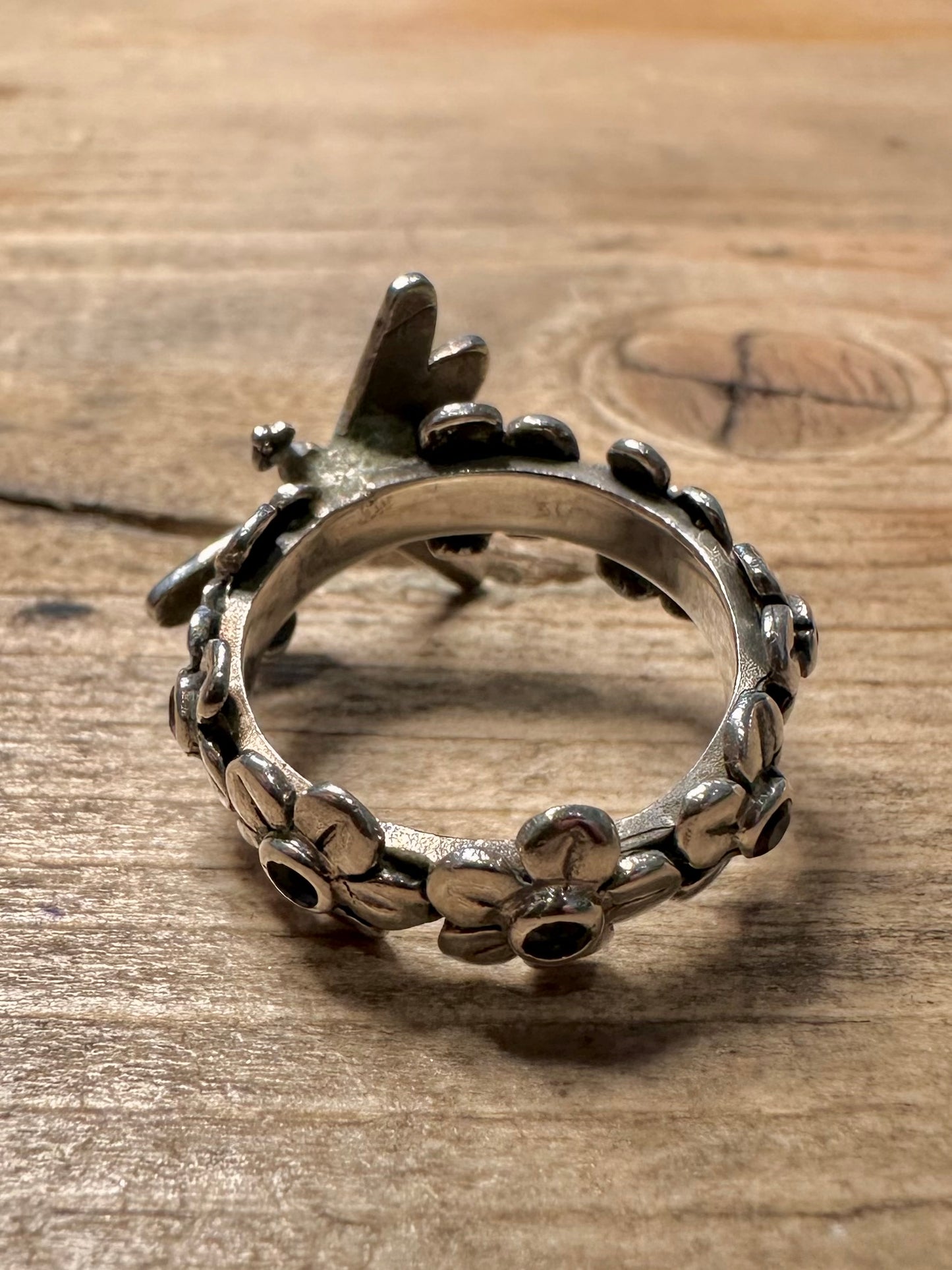 Vintage Dragon Fly Purple Flower Band 925 Silver Size M Ring