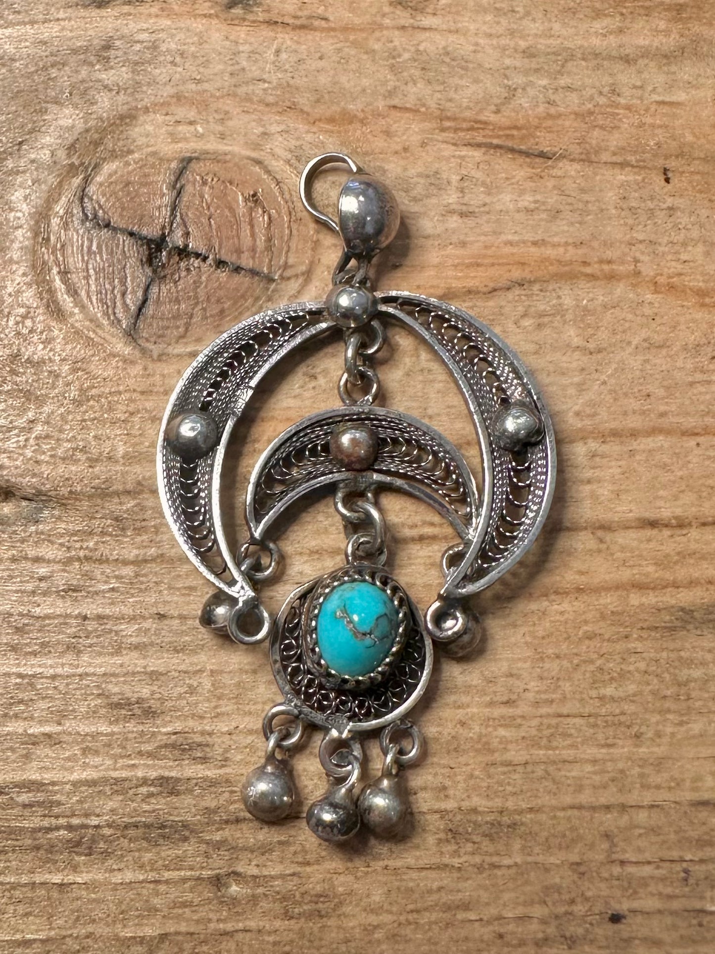 Vintage Turquoise Filigree 925 Silver Pendant