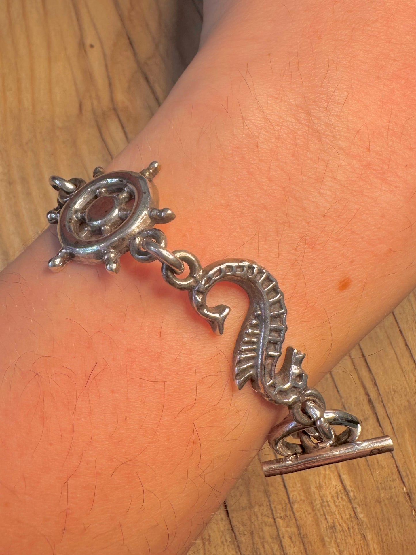 Vintage Nautical Chain Starfish Seahorse Anchor 925 Silver Egyptian 8 inch Bracelet