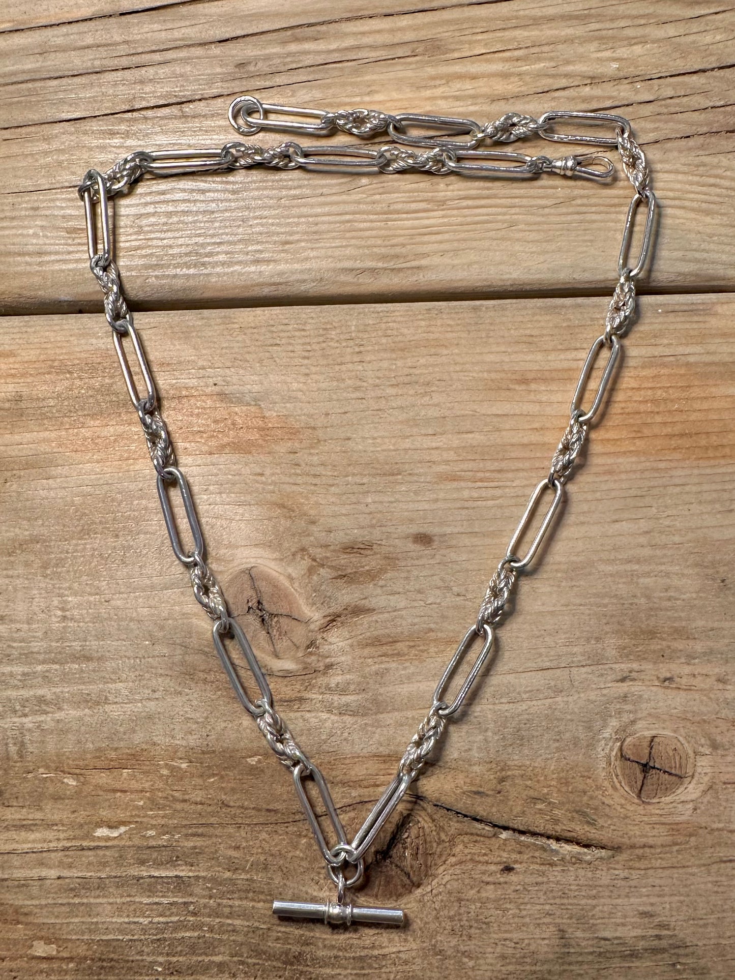 Abstract Oval and Rope Link T Bar Albert Clasp 925 Silver 24.5 inch Necklace