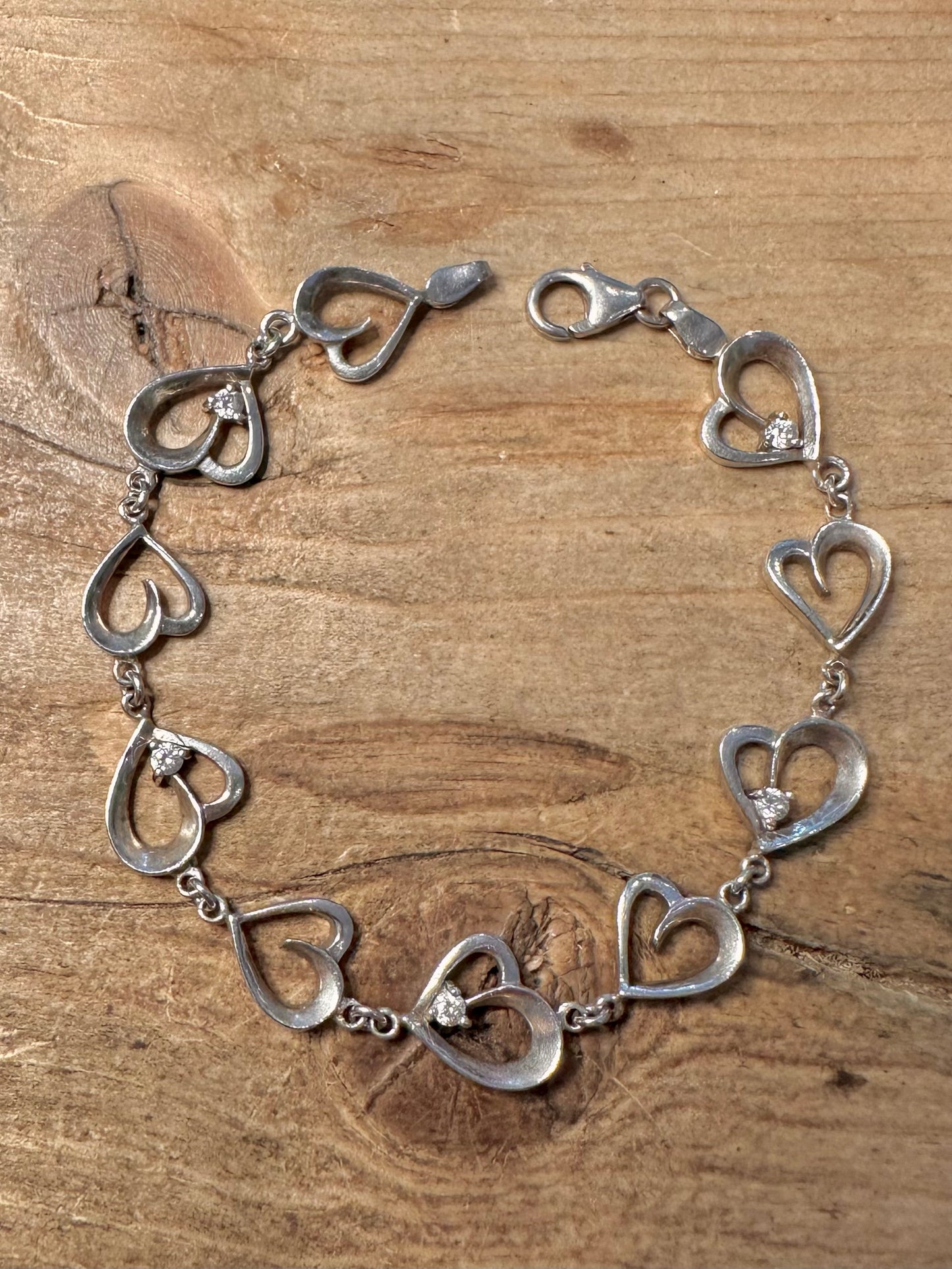 Vintage Heart CZ Stone 925 Silver 7 inch Bracelet
