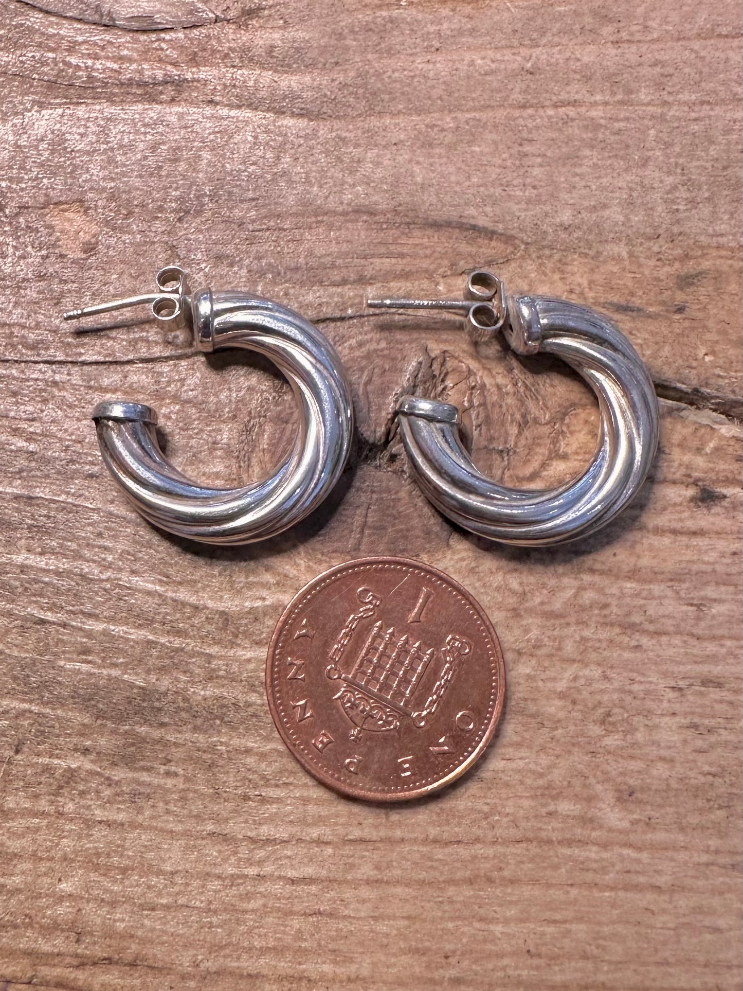 Vintage Chunky Twisted 925 Silver Hoop Earrings