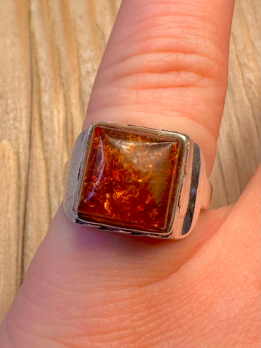 Vintage Amber Square Wavy Design 925 Sterling Silver Size L1/2 Ring
