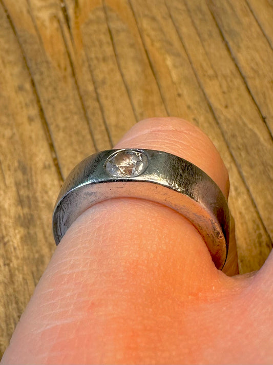 Modernist 1995 CZ Stone Thick Heavy Band 925 Sterling Silver Size L Ring