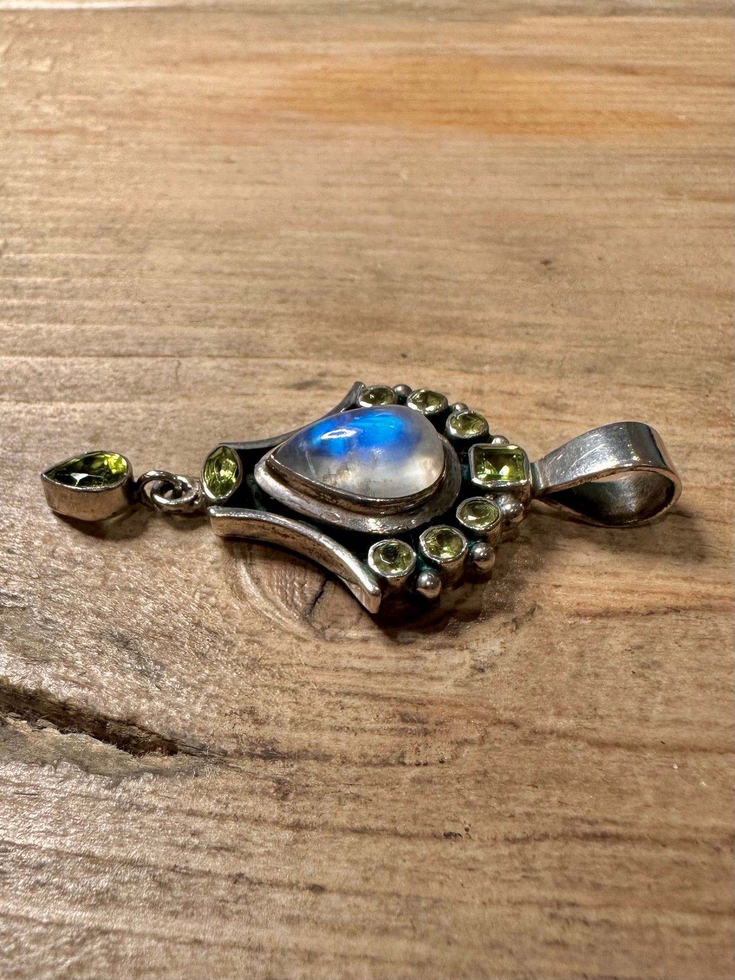 Vintage Moonstone and Peridot 925 Silver Pendant