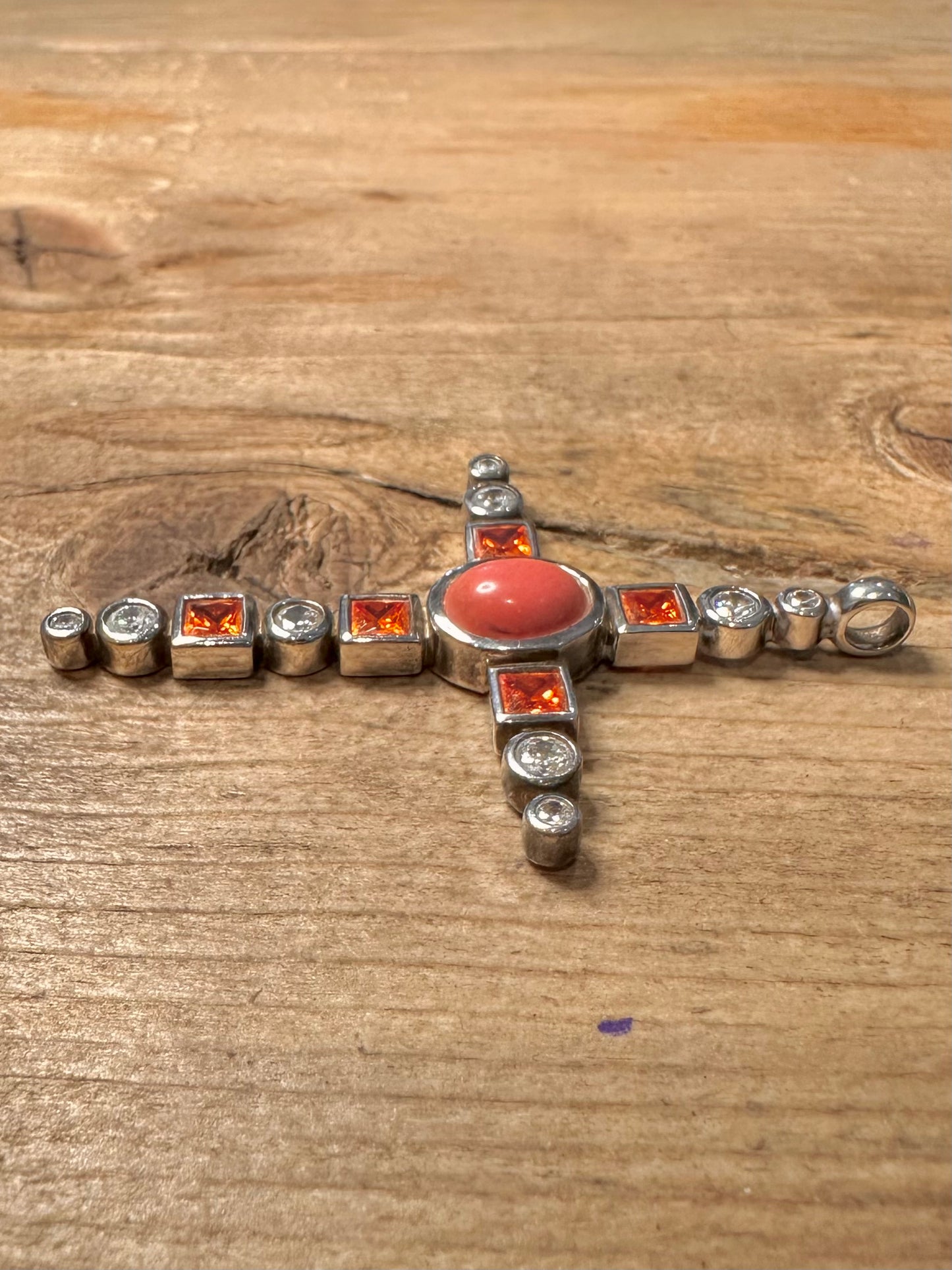 Modern Coral Orange and White CZ Cross 925 Silver Pendant