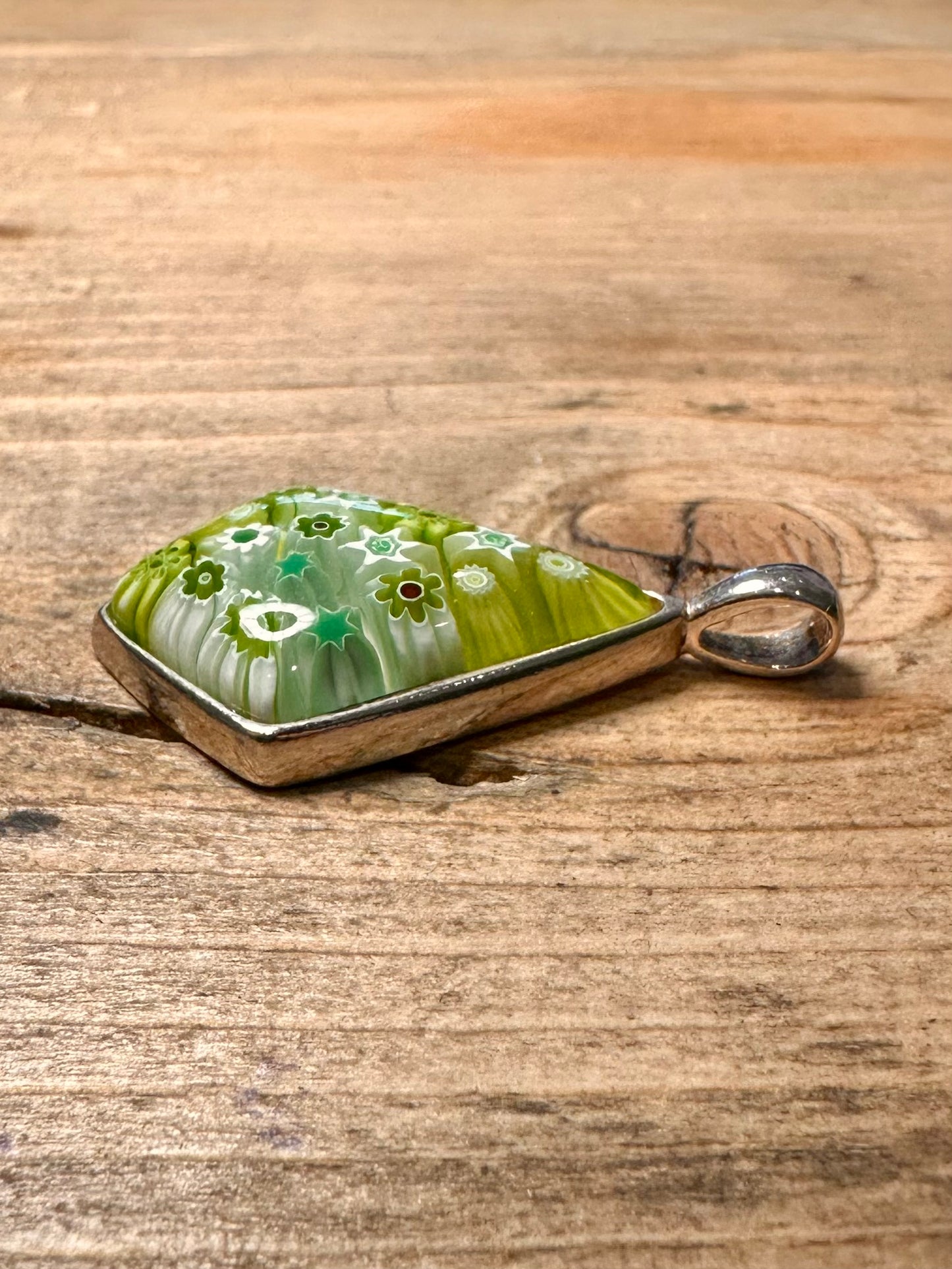 Vintage Millefiori Green Italy 925 Silver Pendant
