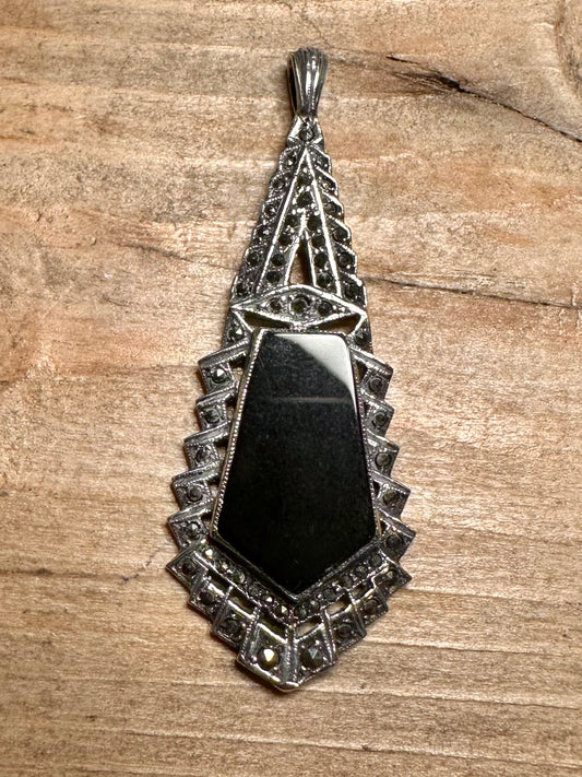 Vintage Art Deco Onyx and Marcasite 925 Silver Pendant