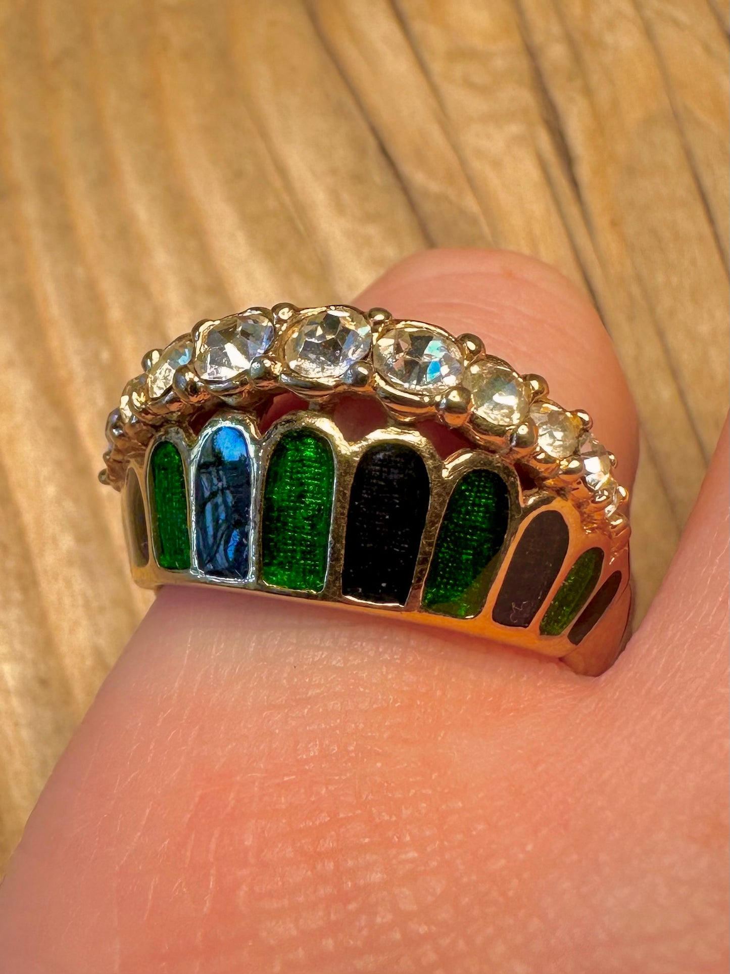 Vintage Black and Green Enamel White Stone Gold Tone Cocktail Size N Costume Ring