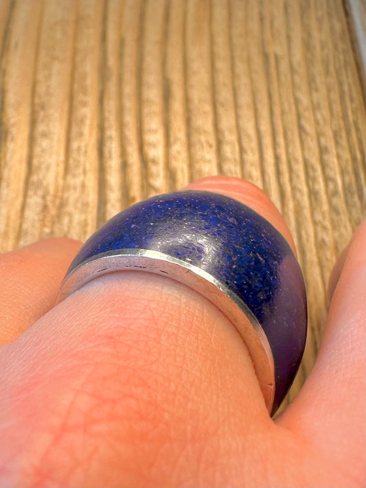 Lapis Lazuli Inlay Wide Band 925 Sterling Silver Size V Ring