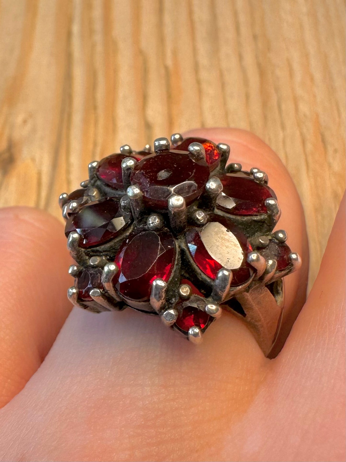 Vintage Red Stone Large Cluster 935 Sterling Silver Size O Ring
