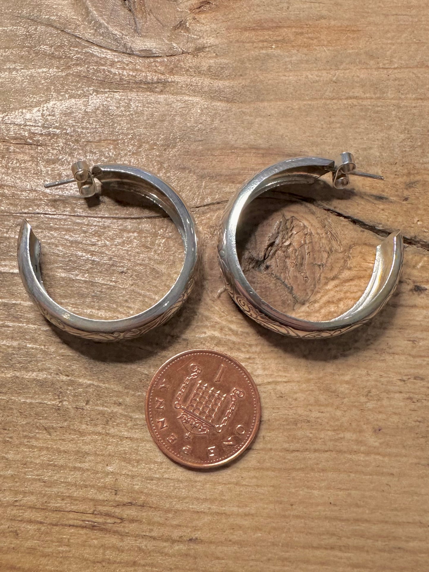 Vintage Chunky Engraved Half Hoops 925 Silver Earrings