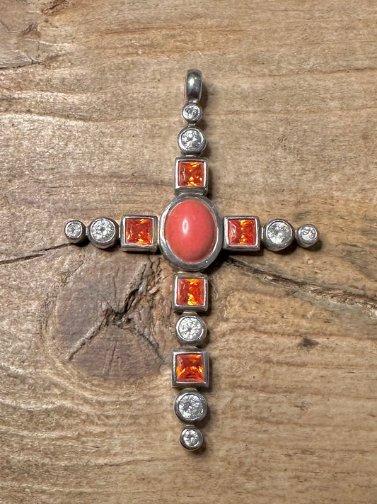 Modern Coral Orange and White CZ Cross 925 Silver Pendant