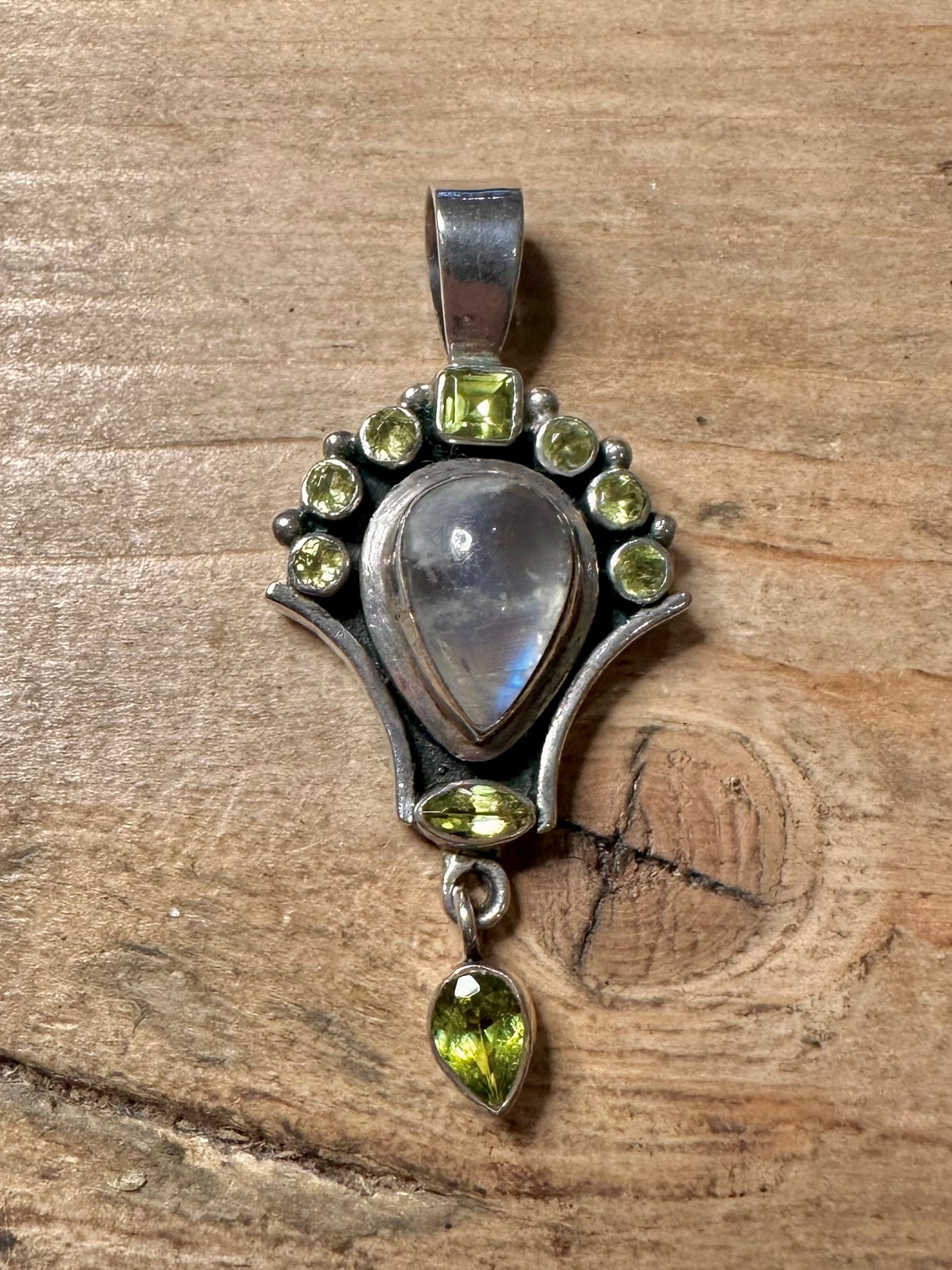 Vintage Moonstone and Peridot 925 Silver Pendant