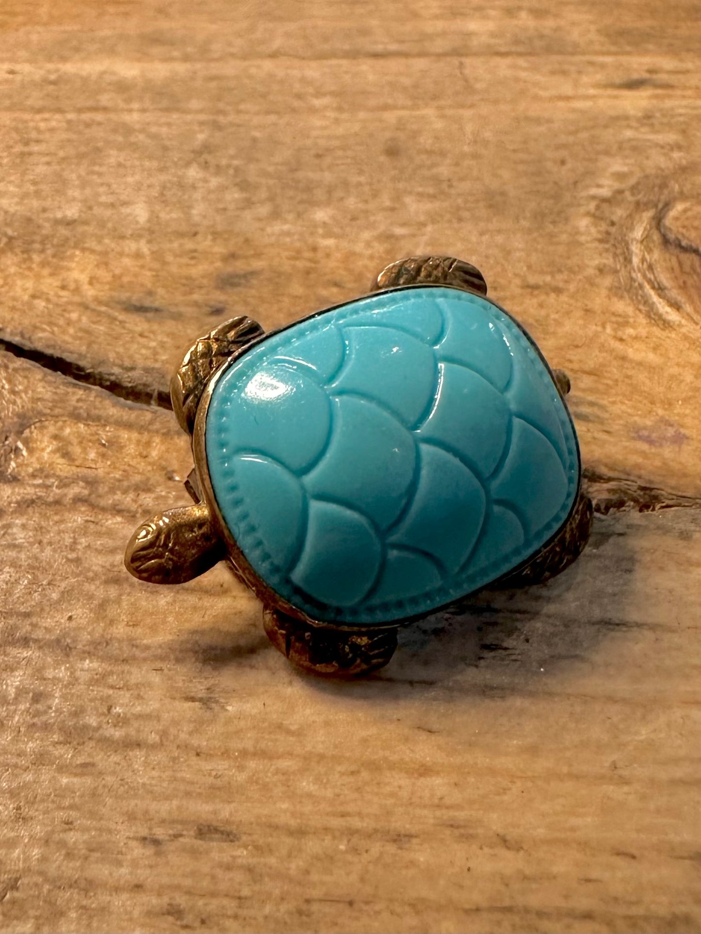 Vintage Blue Stone Turtle Brass Brooch