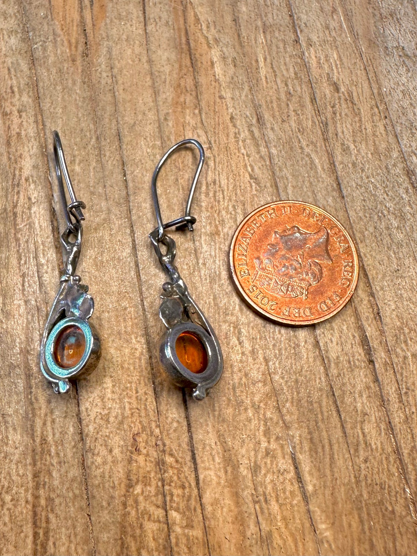 Vintage Amber Ornate 925 Sterling Silver Earrings