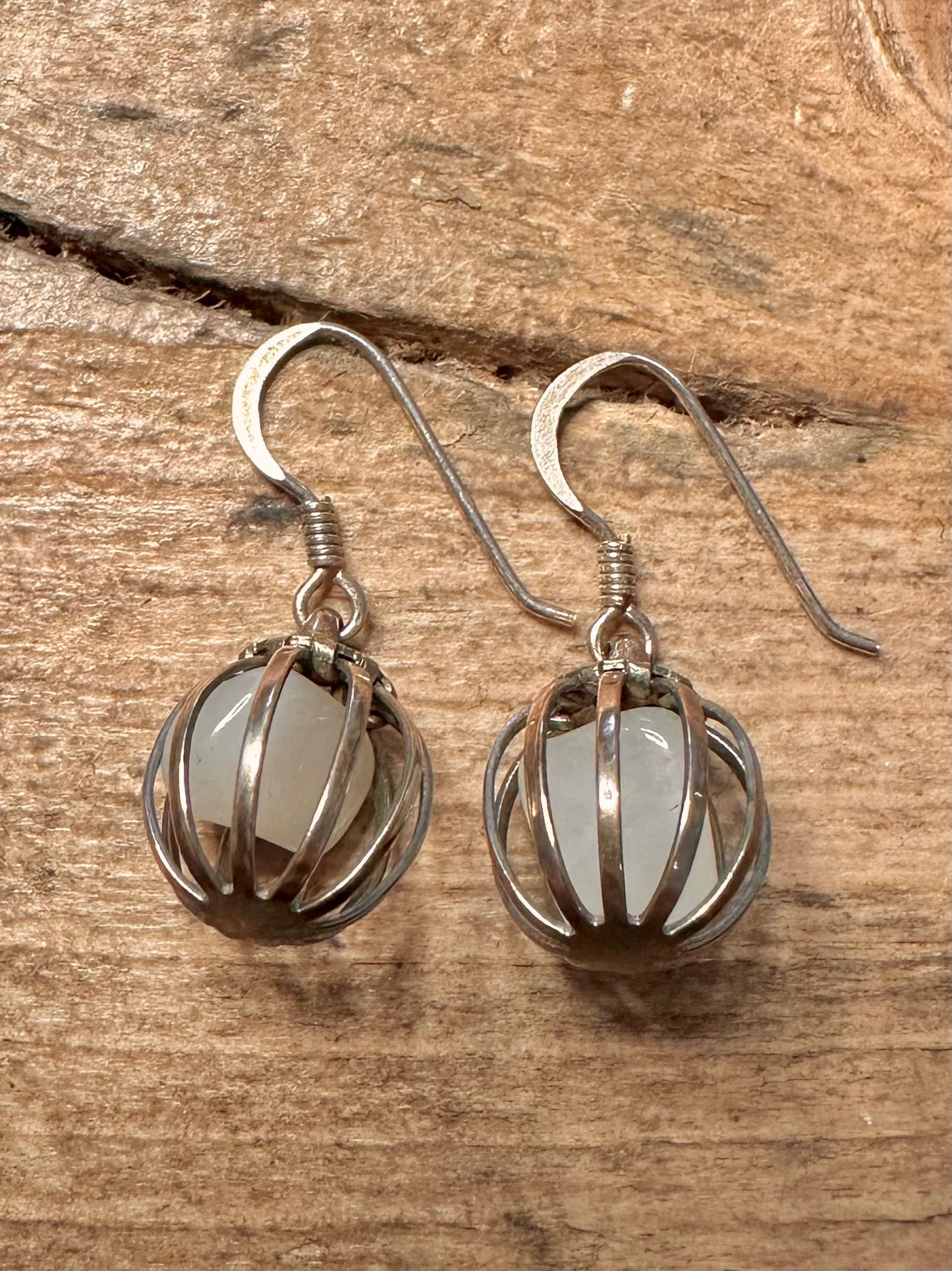 Vintage White Stone Caged 925 Silver Earrings