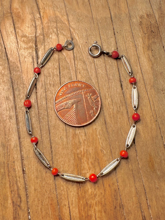 Vintage Coral Beads and Bar 835 Silver 6.4 inch Bracelet