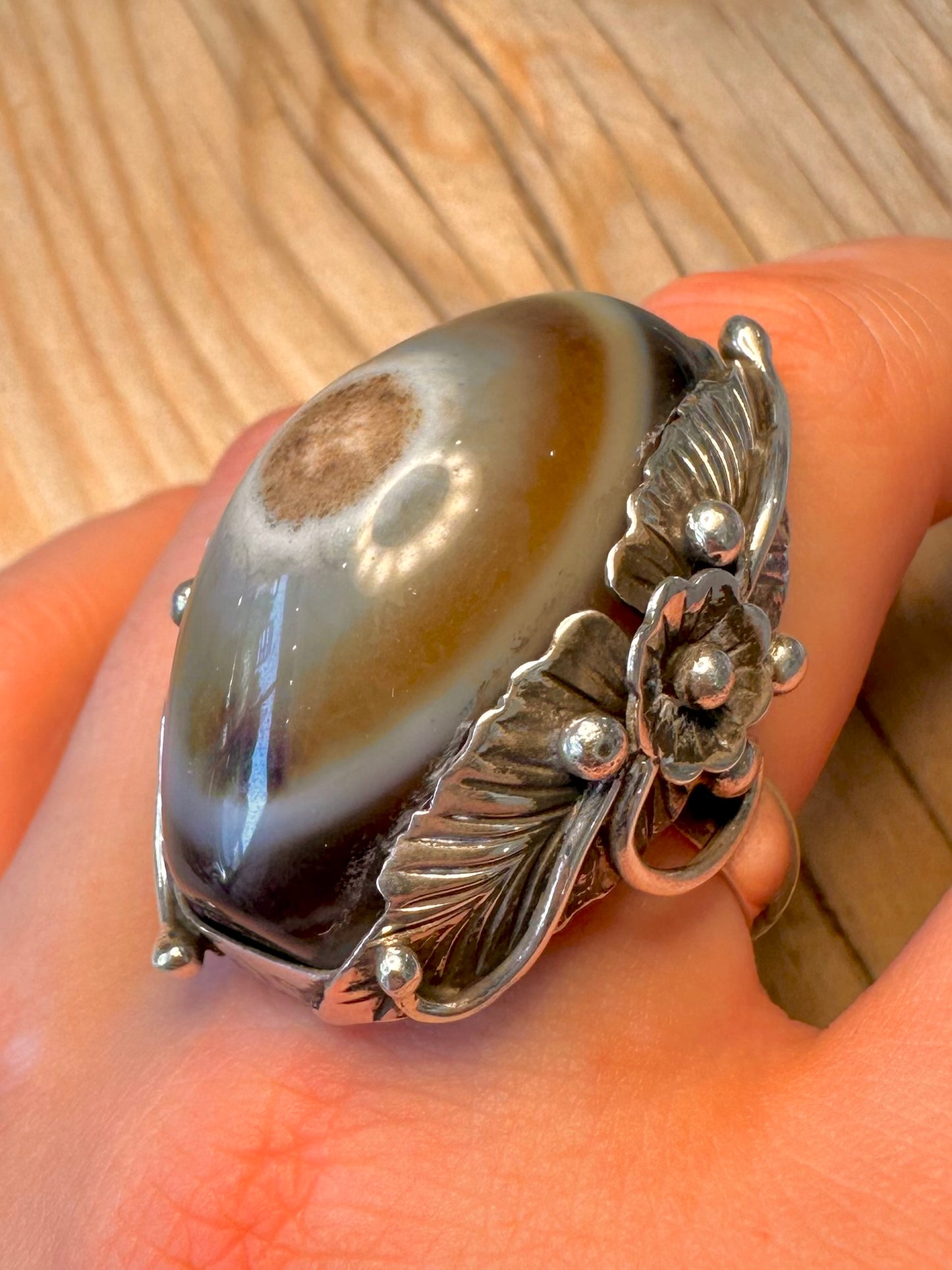 Vintage Large Agate Navajo Style 925 Silver Size V Ring