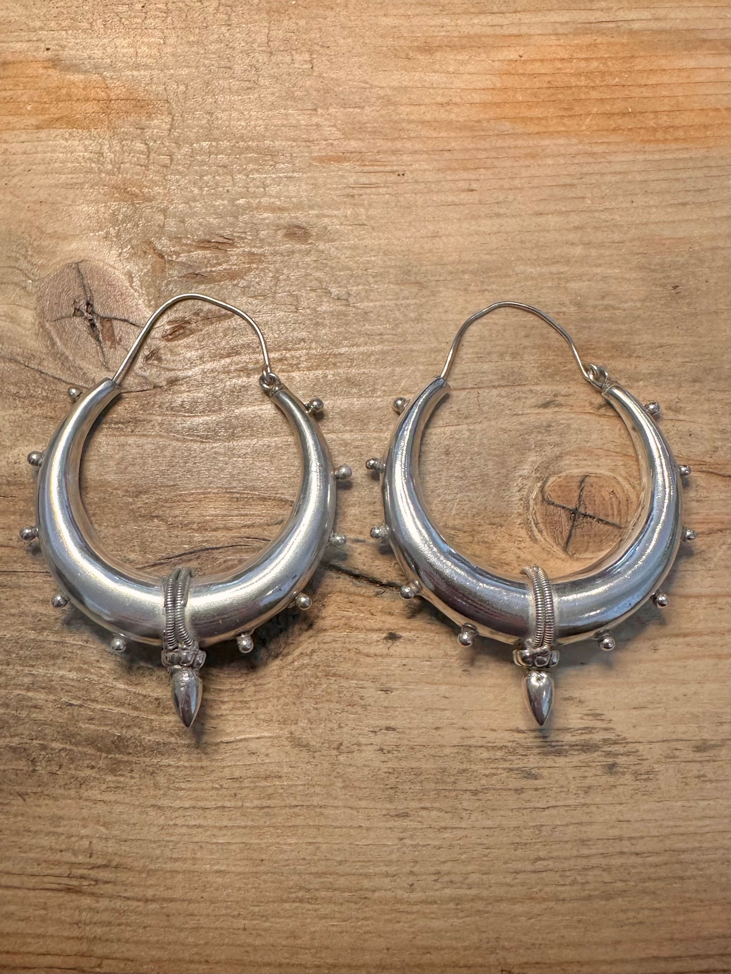 Vintage Chunky Tribal Spiky 925 Silver Hoop Earrings