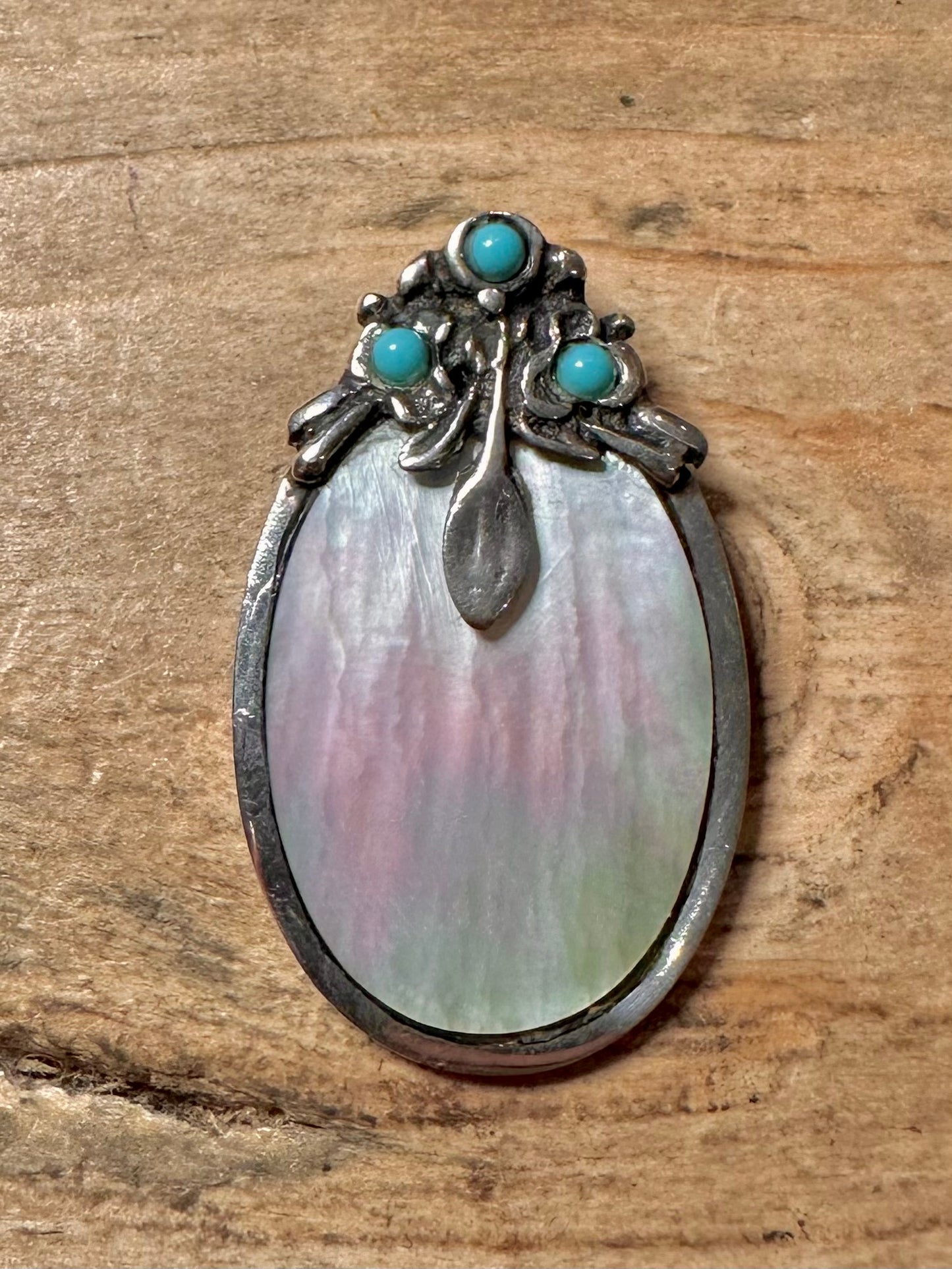Arts and Crafts Mother of Pearl and Turquoise 925 Silver Pendant