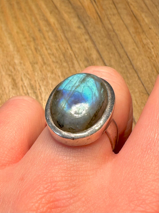 Vintage Oval Labradorite 925 Sterling Silver Size N Ring