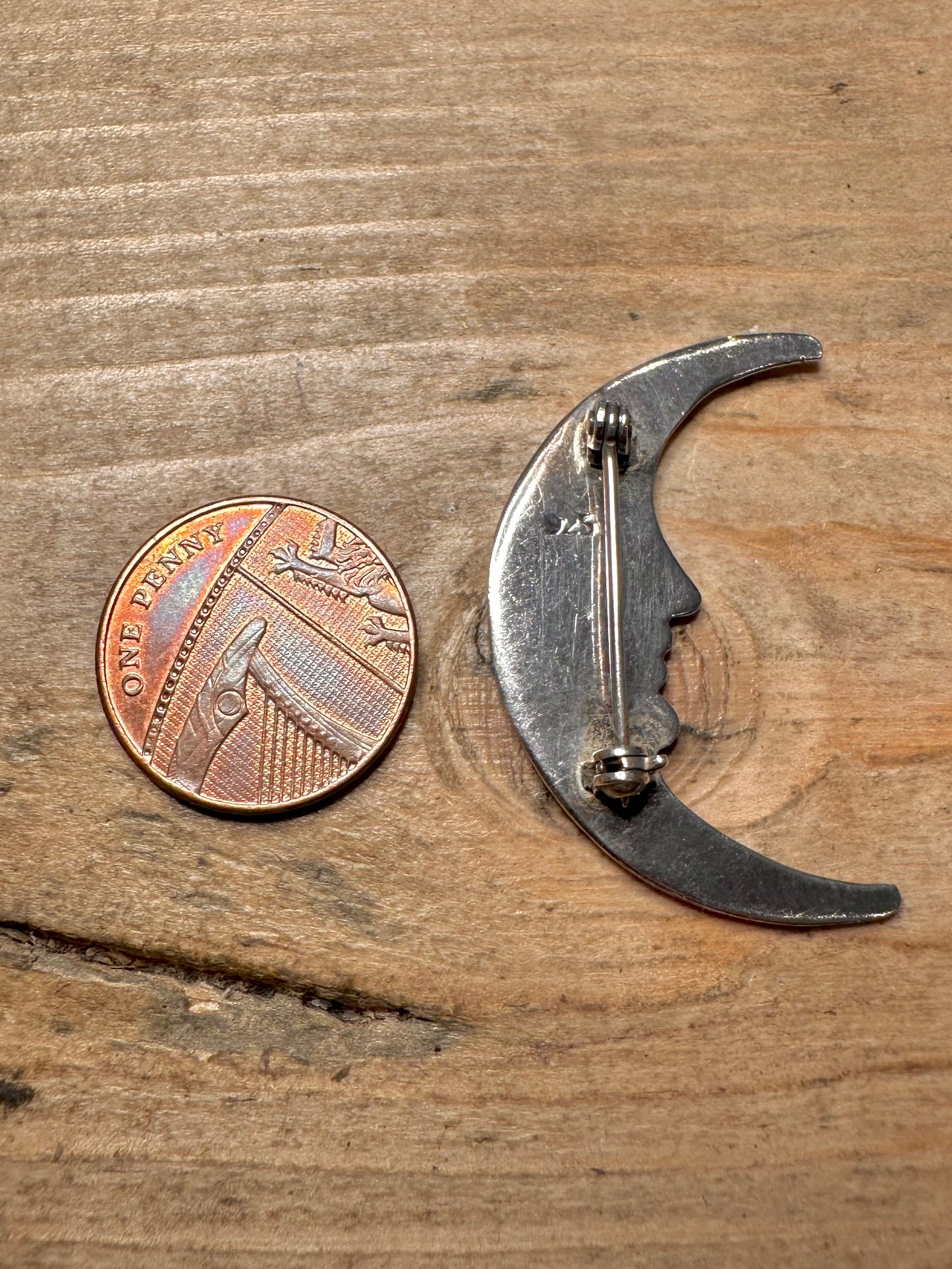 Vintage Moon Face 925 Silver Brooch