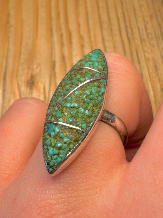 Vintage Turquoise Chip Elongated 925 Sterling Silver Size N1/2 Ring