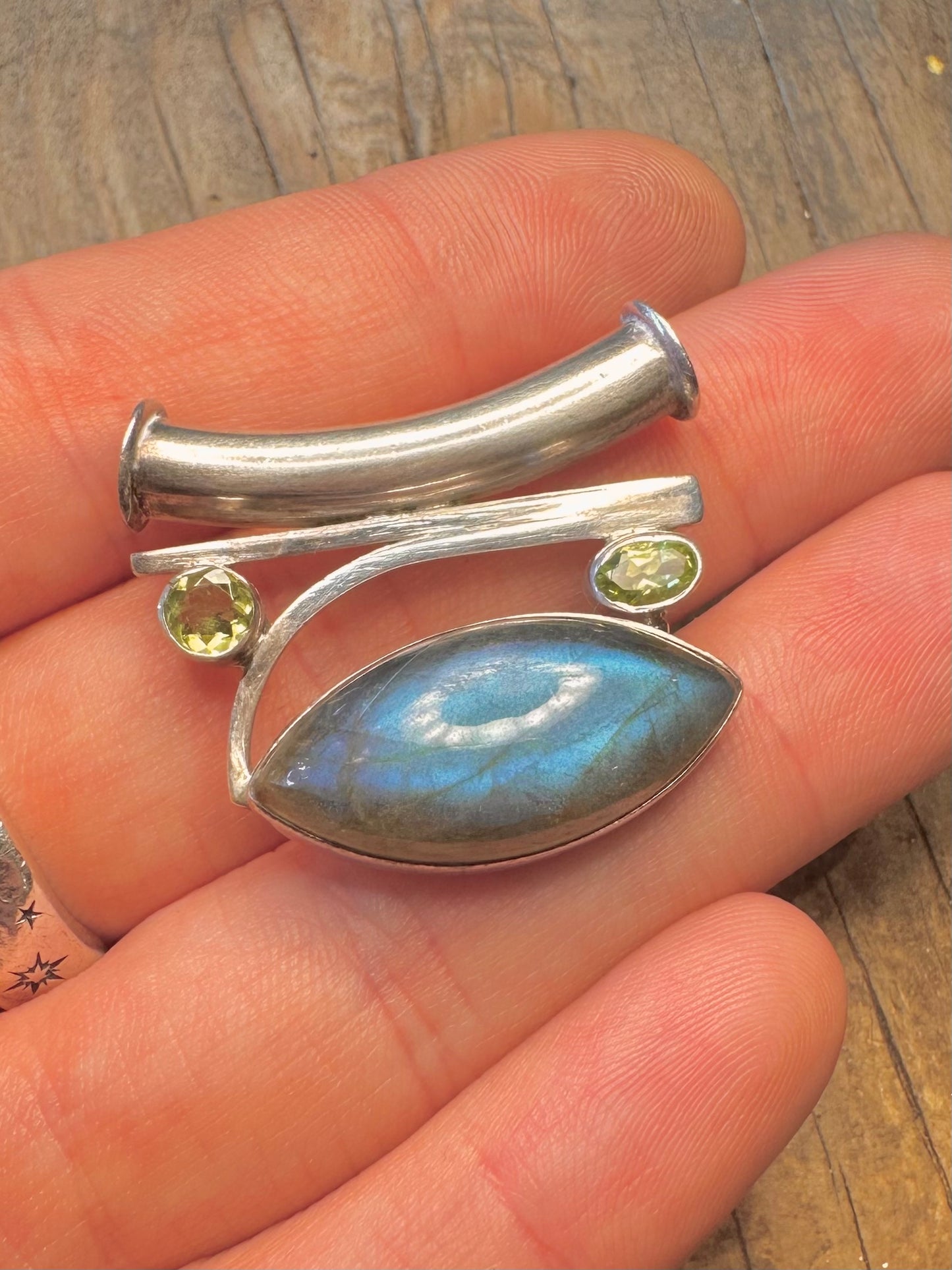 Abstract Labradorite and Peridot 925 Sterling Silver Pendant