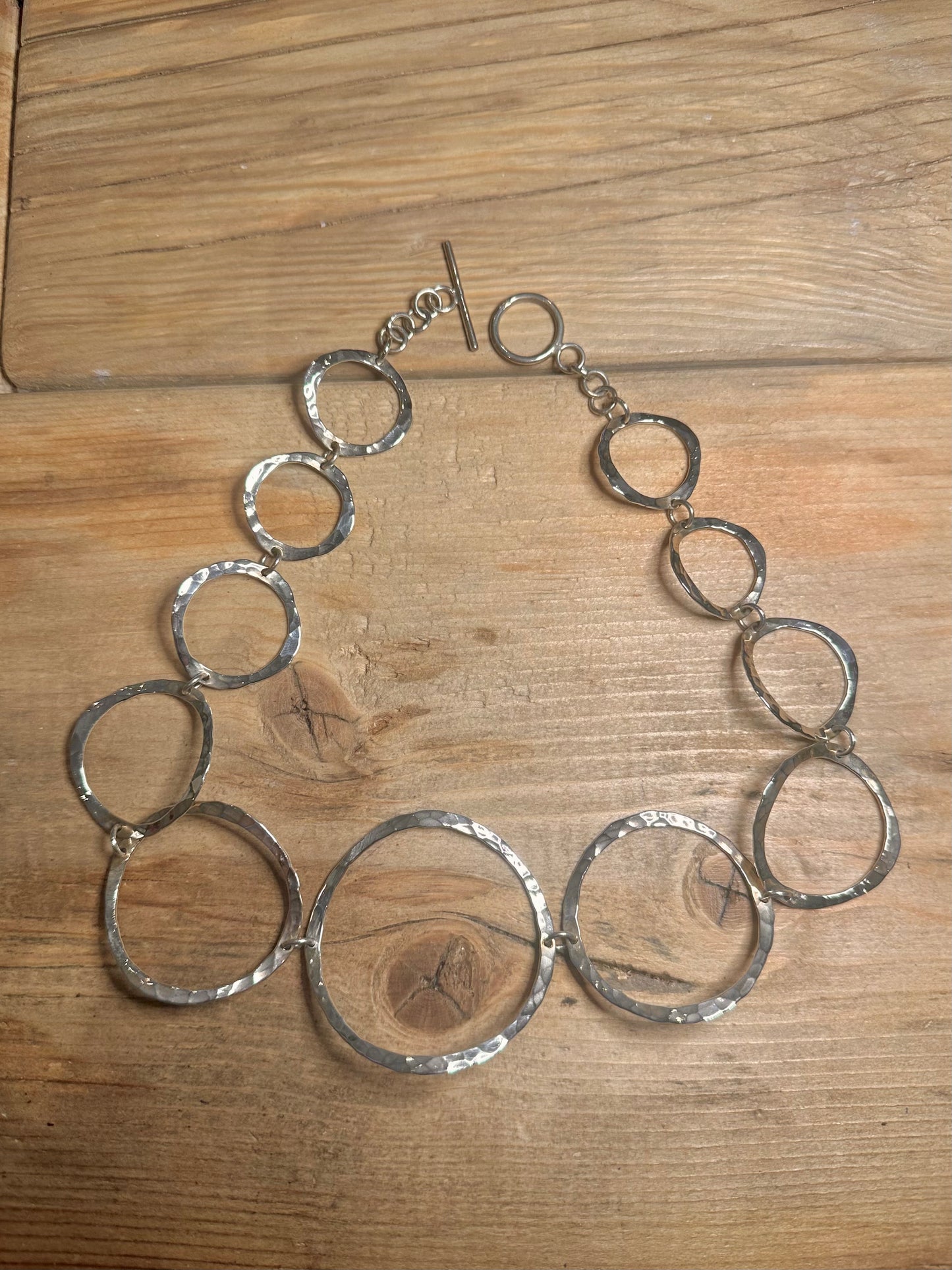 Abstract Hammered Circle Link 925 Silver 18 inch Necklace