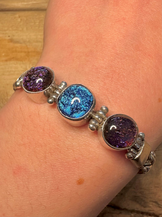 Vintage Glass Foil Woven Link Box Clasp 925 Silver 7.3 inch Bracelet