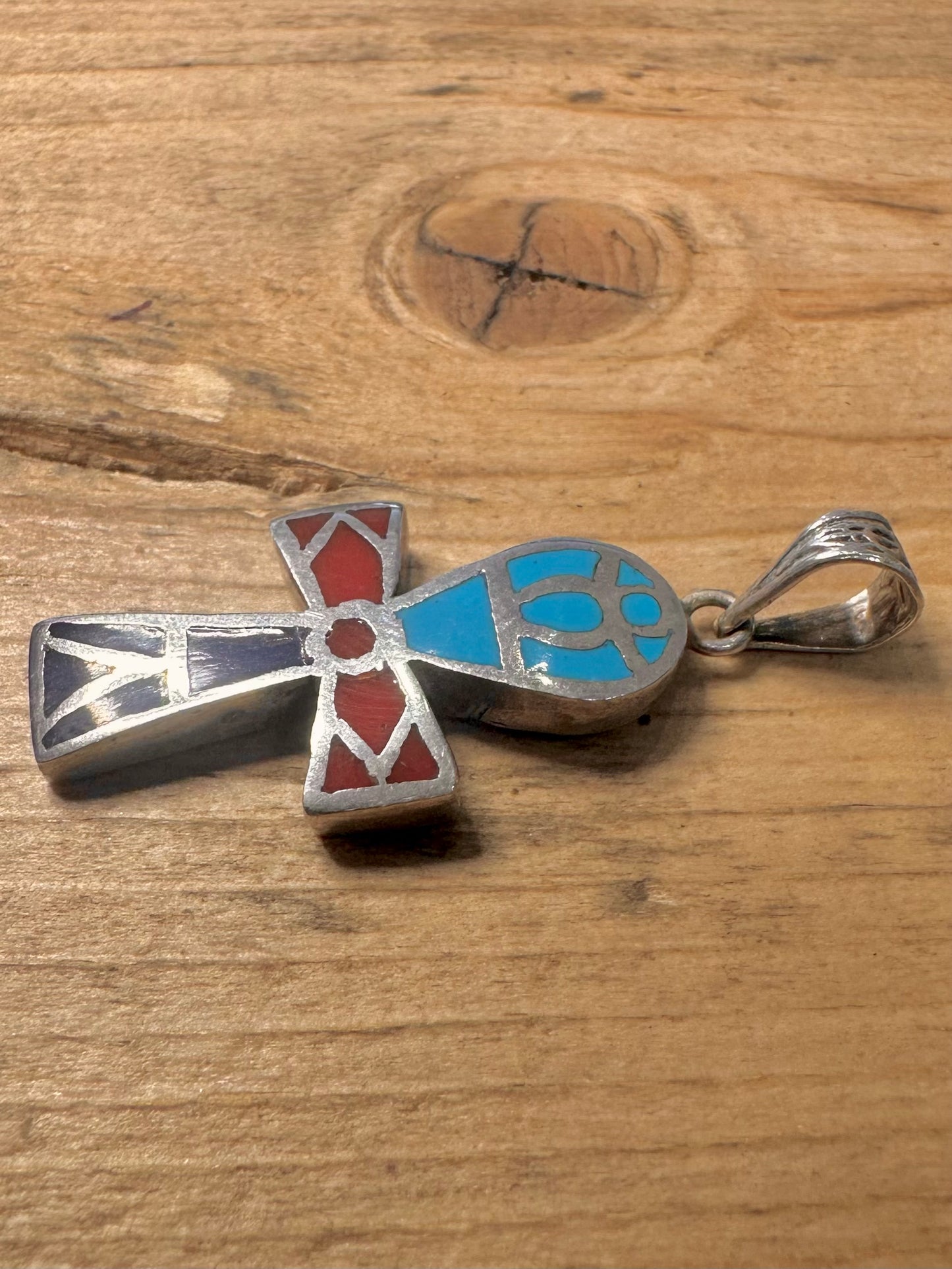 Vintage Egyptian Ankh Inlay 925 Silver Pendant