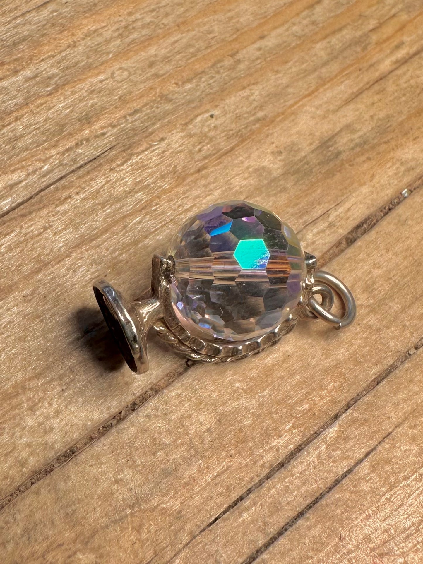 Vintage Crystal Quarts Globe 925 Sterling Silver Charm Pendant