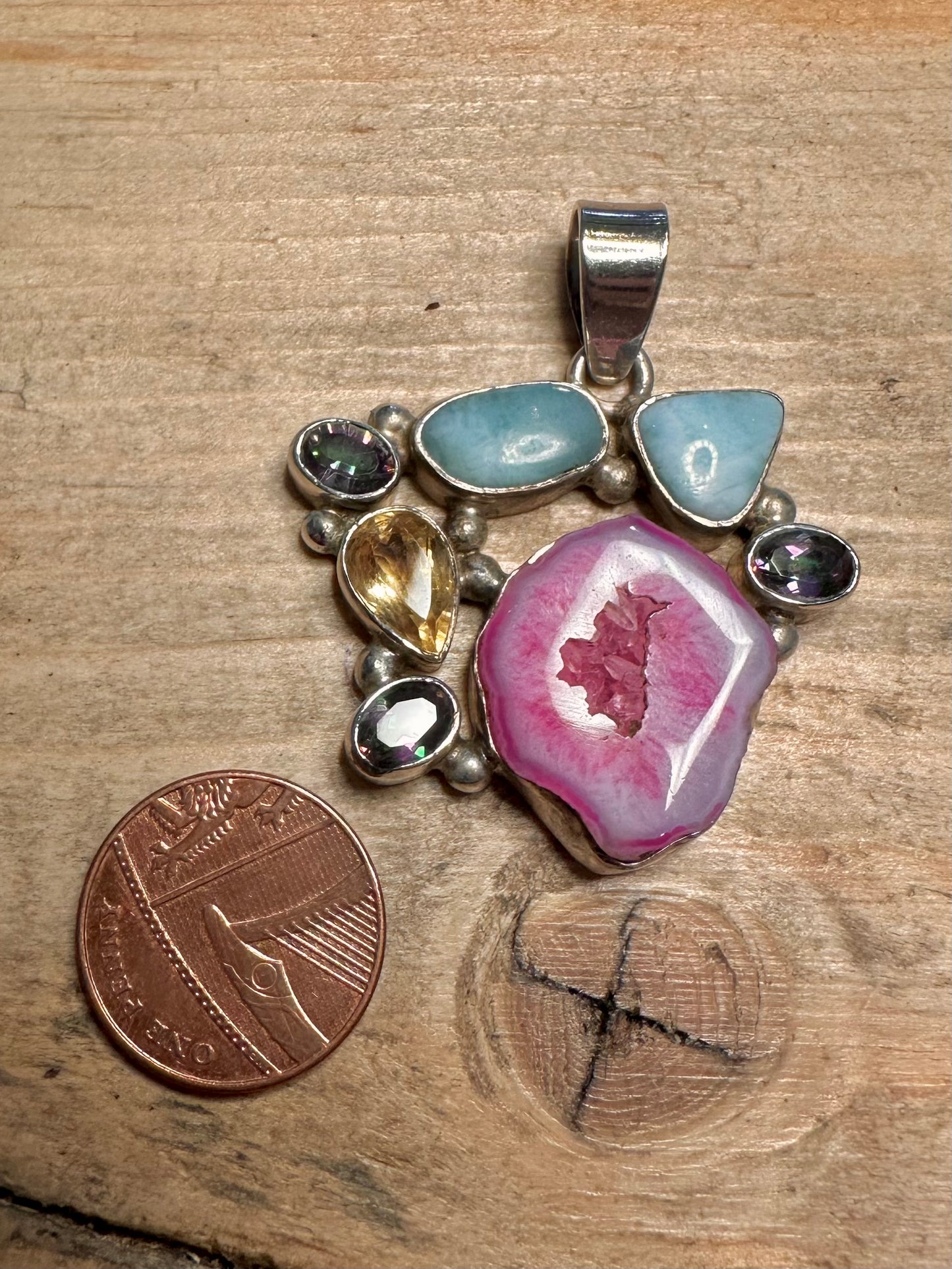Abstract Druzy Larimar Citrine Mystic Topaz 925 Silver Pendant