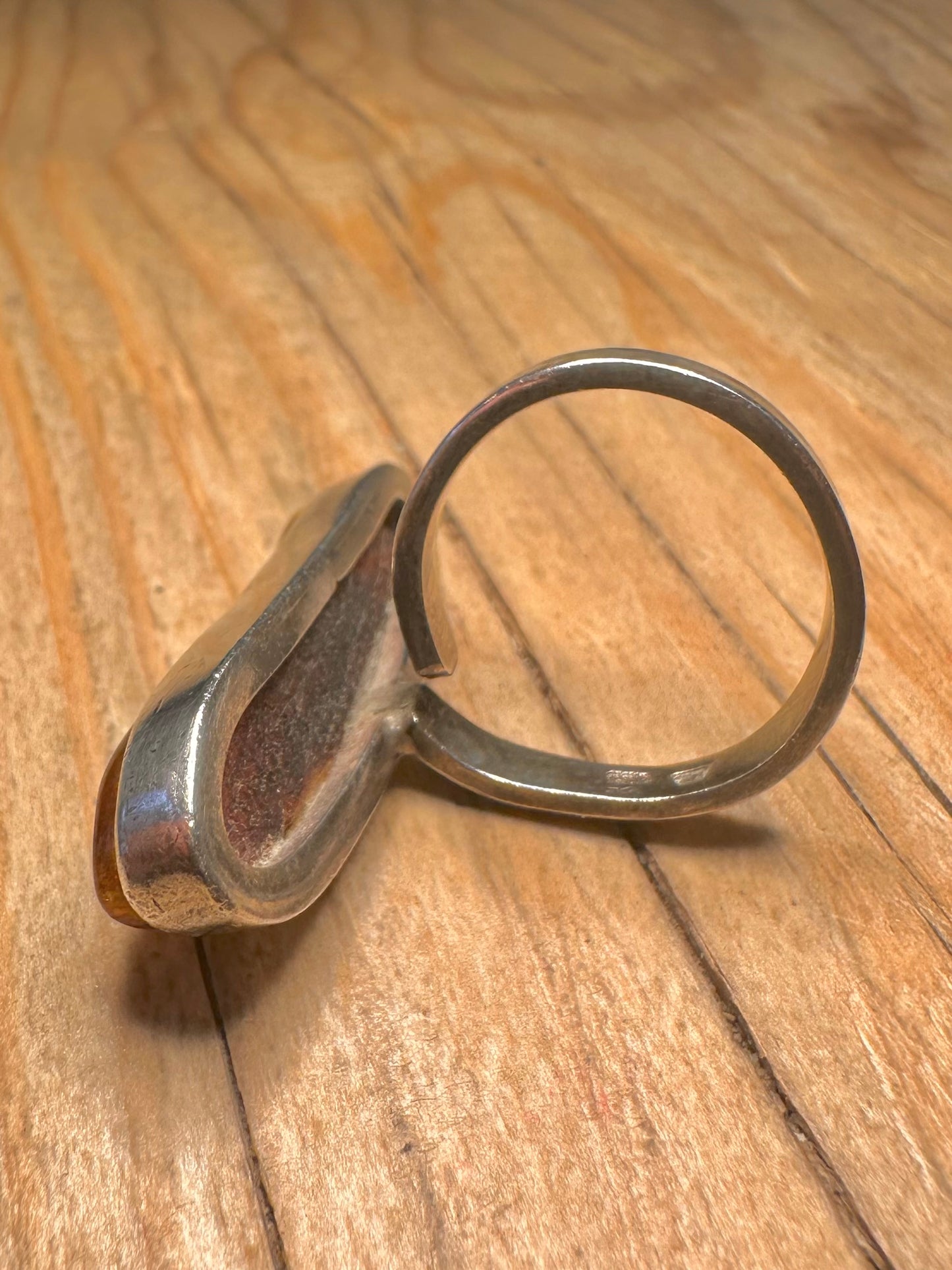 Vintage Elongated Amber 925 Sterling Silver Size P Adjustable Ring