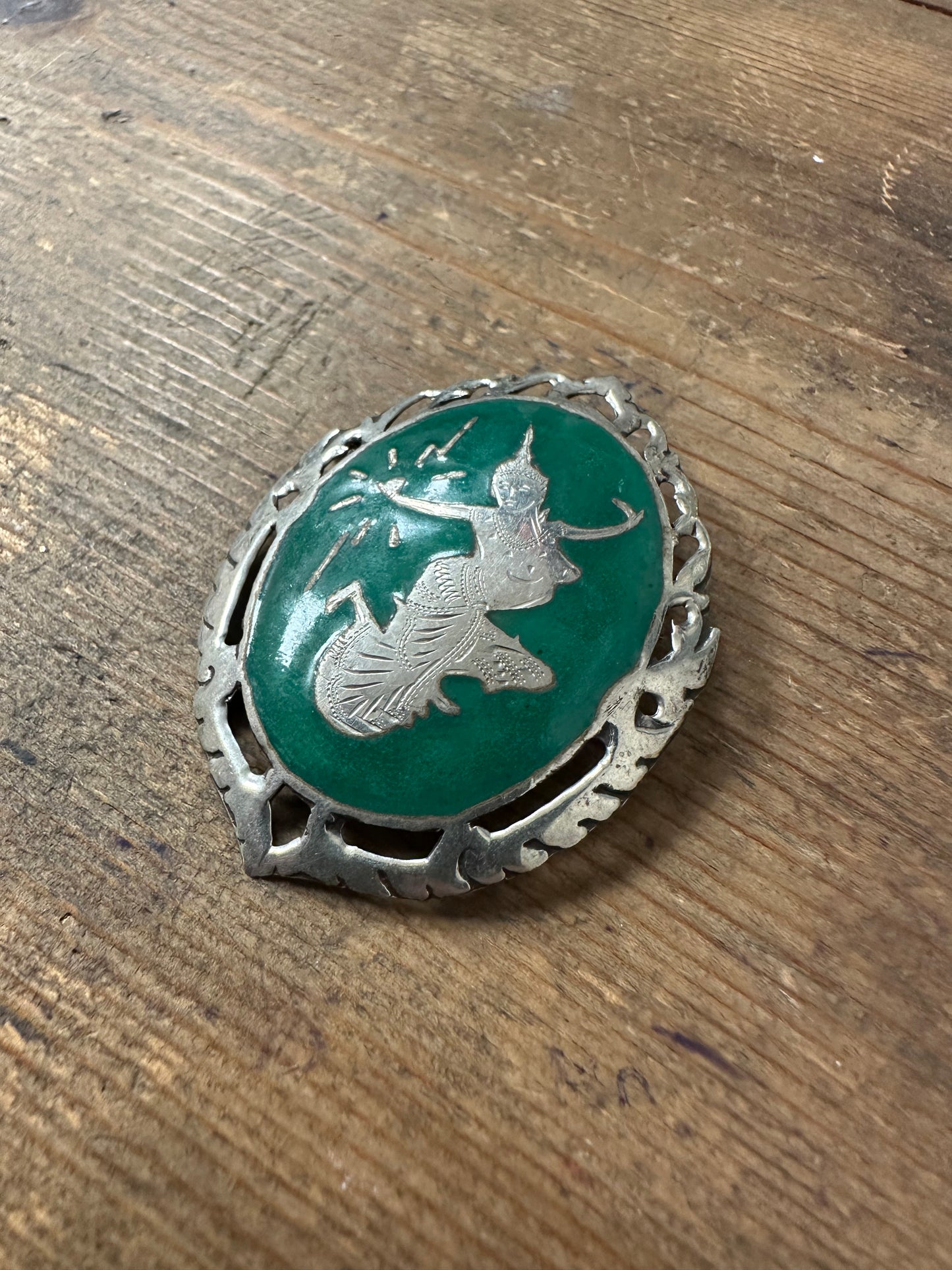 Vintage Siam Green Enamel Siam 925 Sterling Brooch