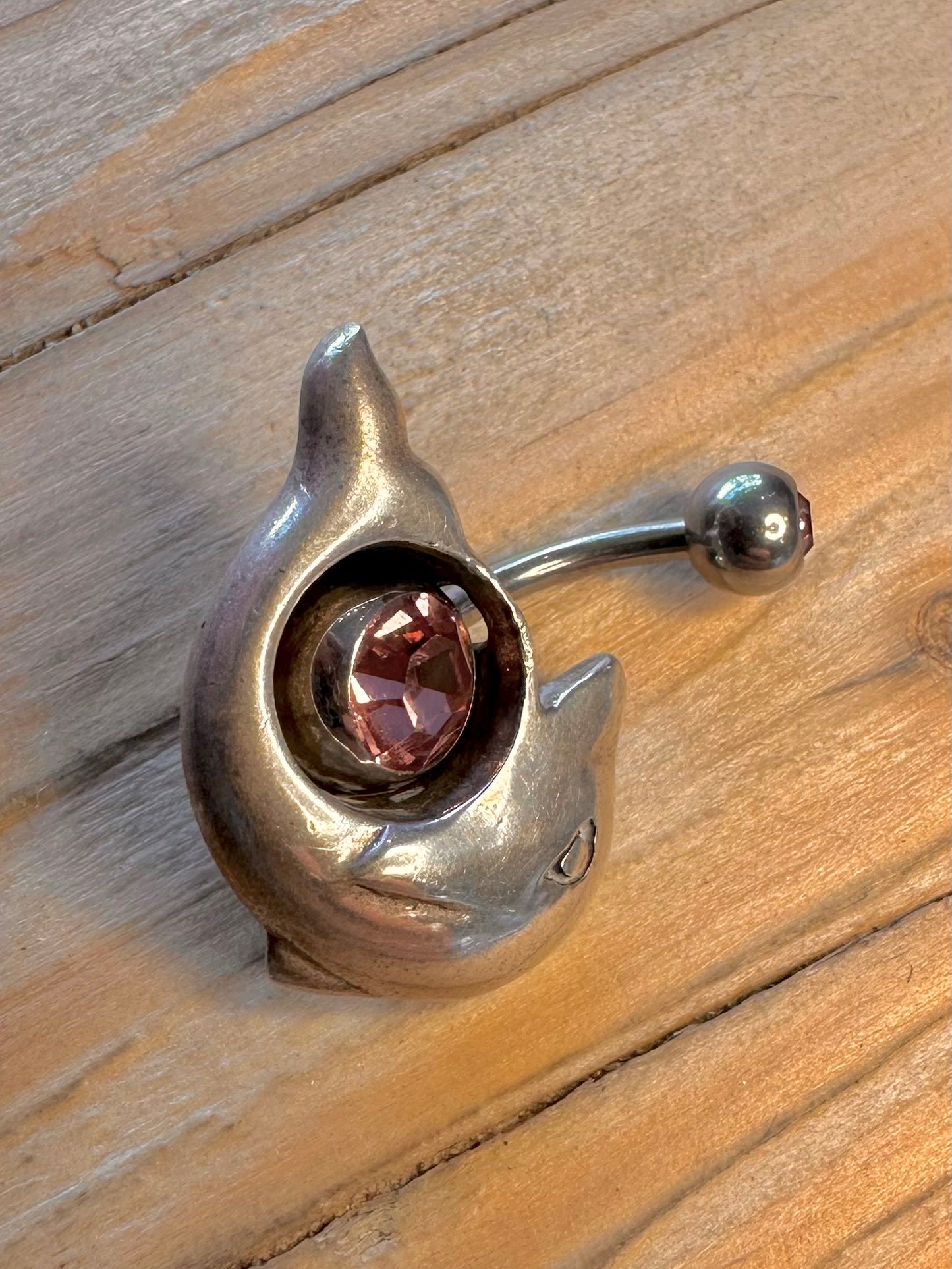 Modernist Dolphin Pink Stones 925 Sterling Silver Belly Bar Body Jewellery