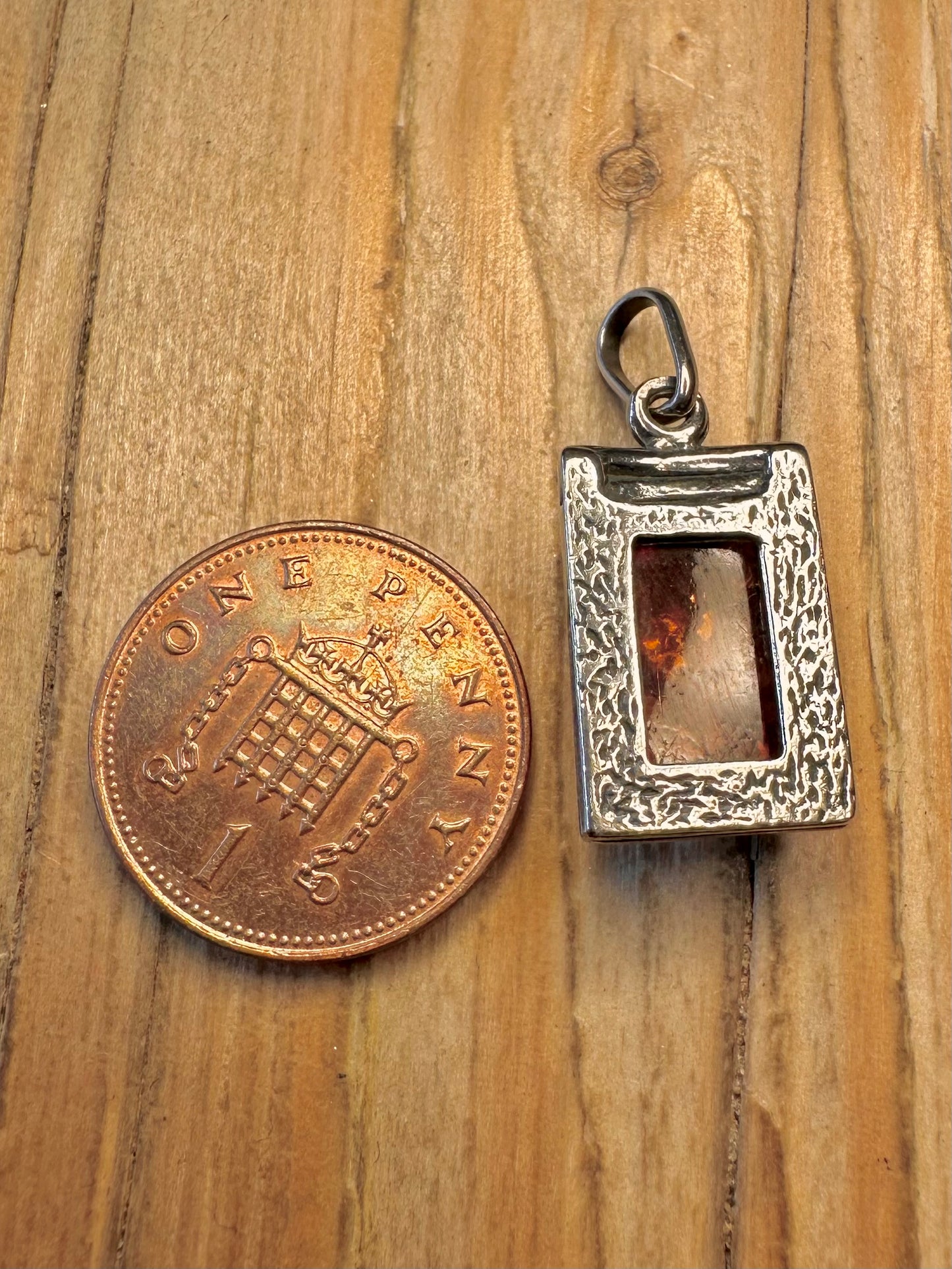 Vintage Rectangle Amber 925 Sterling Silver Pendant