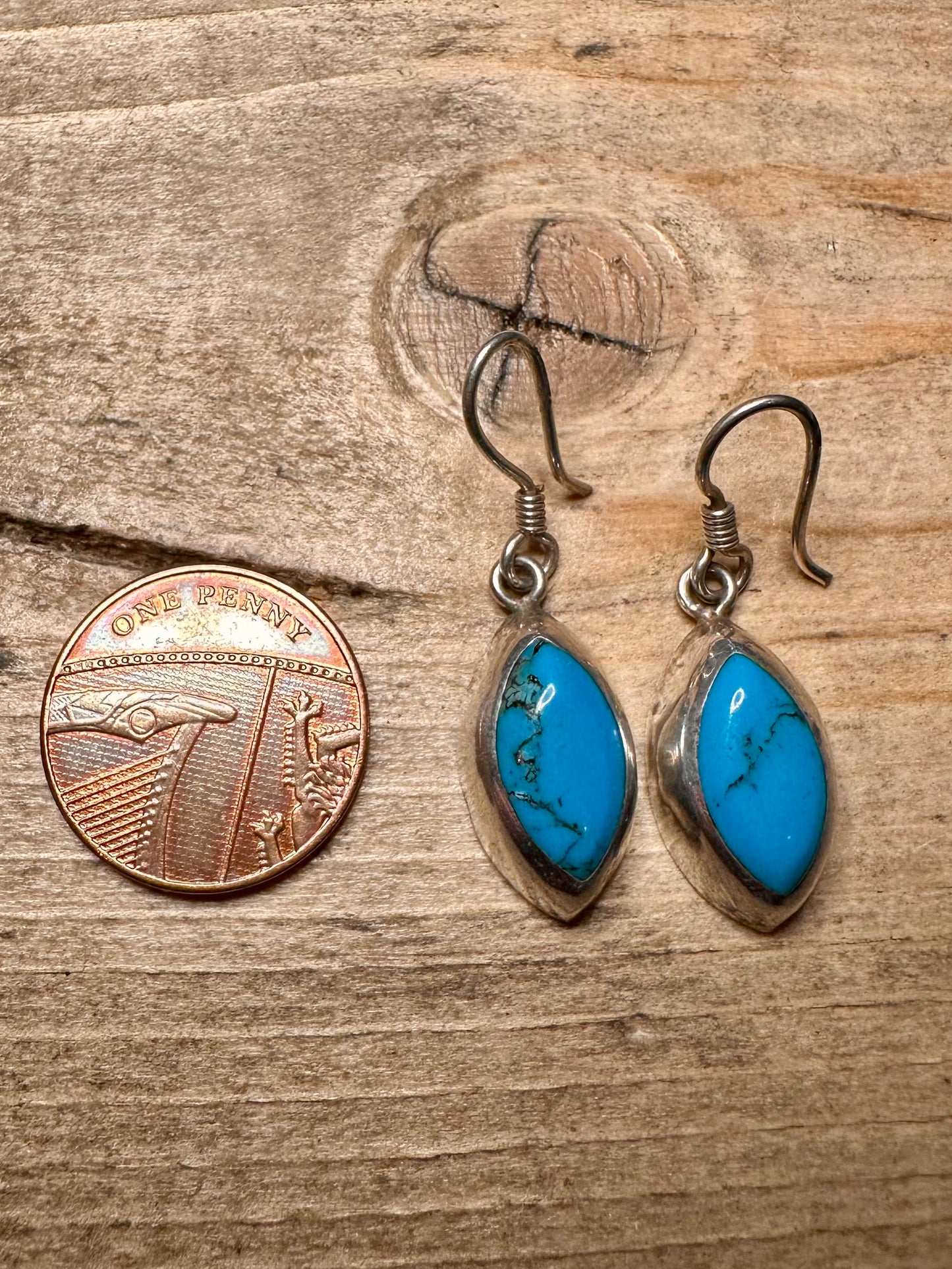 Vintage Blue Polished Turquoise 925 Silver Mexico Earrings