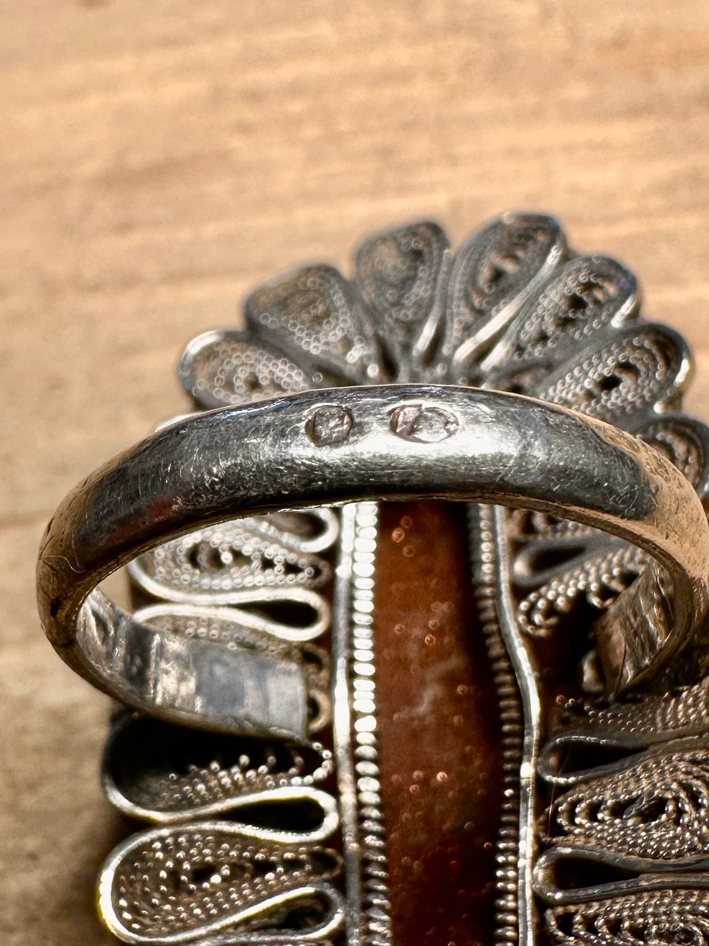 Vintage Large Sunstone Filigree Design 925 Silver Size N Ring