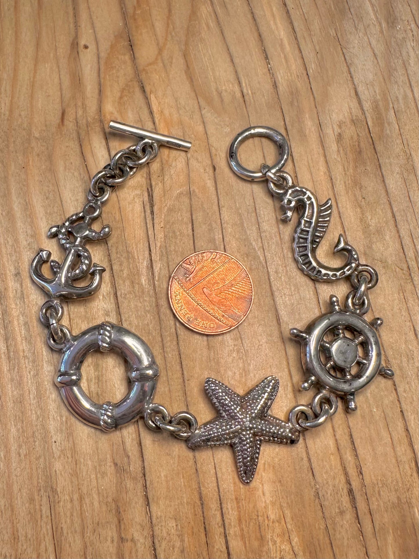 Vintage Nautical Chain Starfish Seahorse Anchor 925 Silver Egyptian 8 inch Bracelet