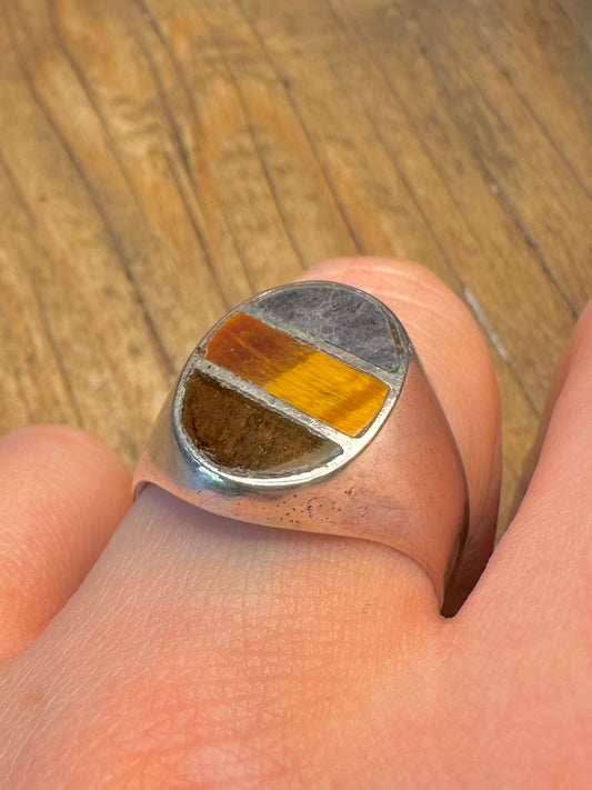 Chunky Signet 1992 Tigers Eye Sodalite and Brown Agate Mexico Size T1/2 Ring