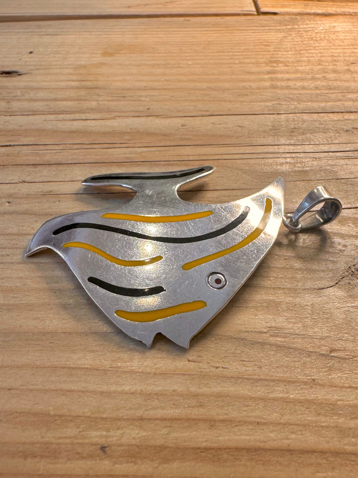 Modernist Angel Enamel Fish 925 Sterling Silver Pendant