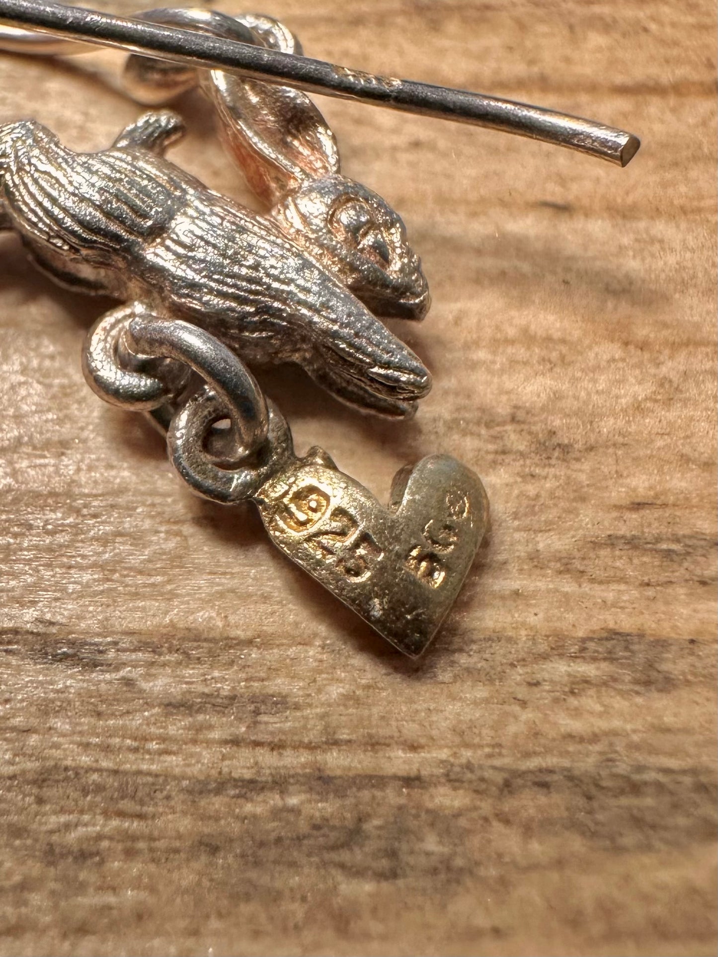 Vintage Rabbit and Gold Hearts 925 Silver Earrings