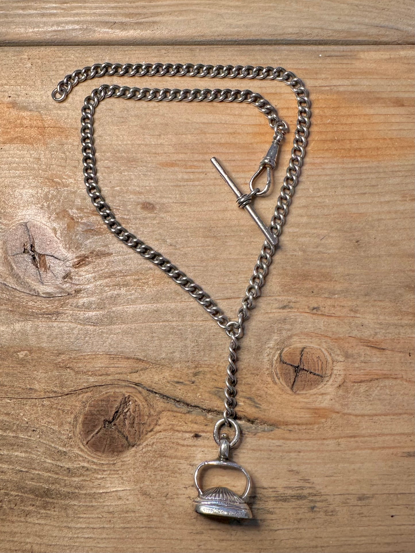 Vintage Albert Chain Maker Edwin Page with Onyx Thob and T Bar 925 Silver Hallmarked 925 Silver 15 inch Collectable