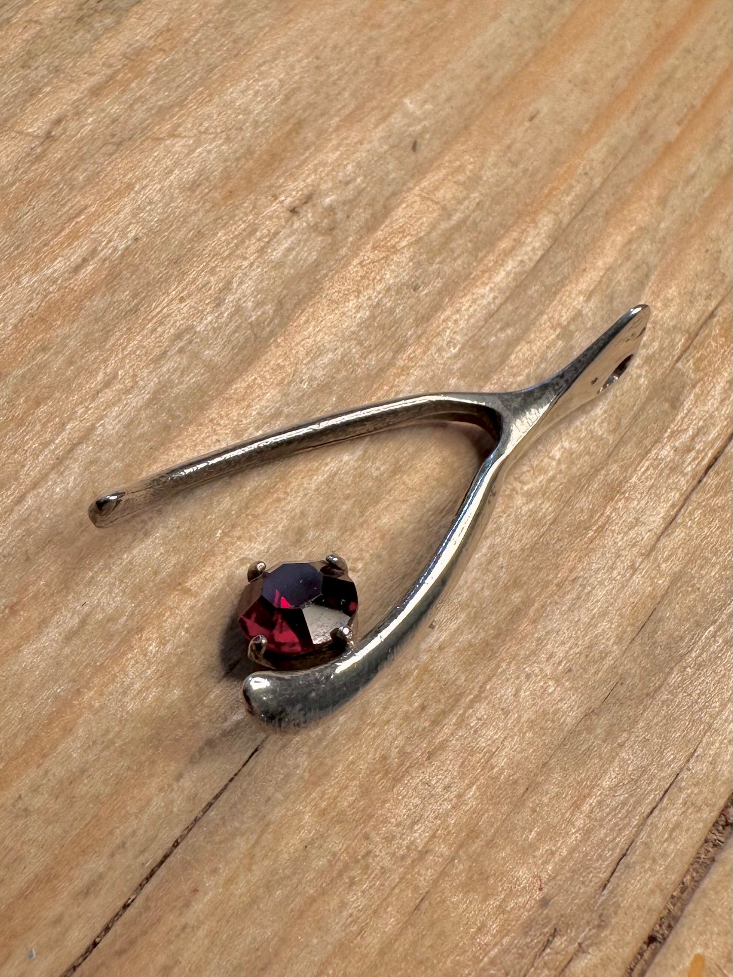 Vintage Wishbone Red Stone 925 Sterling Silver Pendant