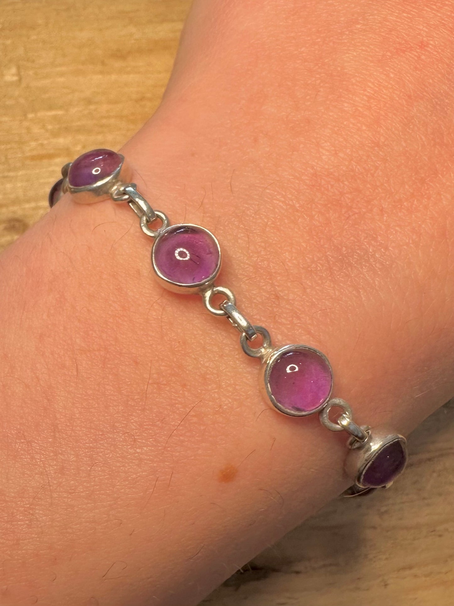 Vintage Amethyst Circle Link T Bar Clasp 925 Silver 7 to 8 inch Bracelet